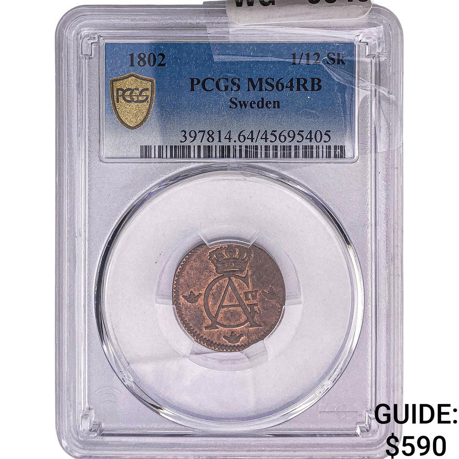 1802 Sweden Copper 1/12 Skilling PCGS MS54 RB: 1802 Sweden Copper 1/12 Skilling PCGS MS54 RB
