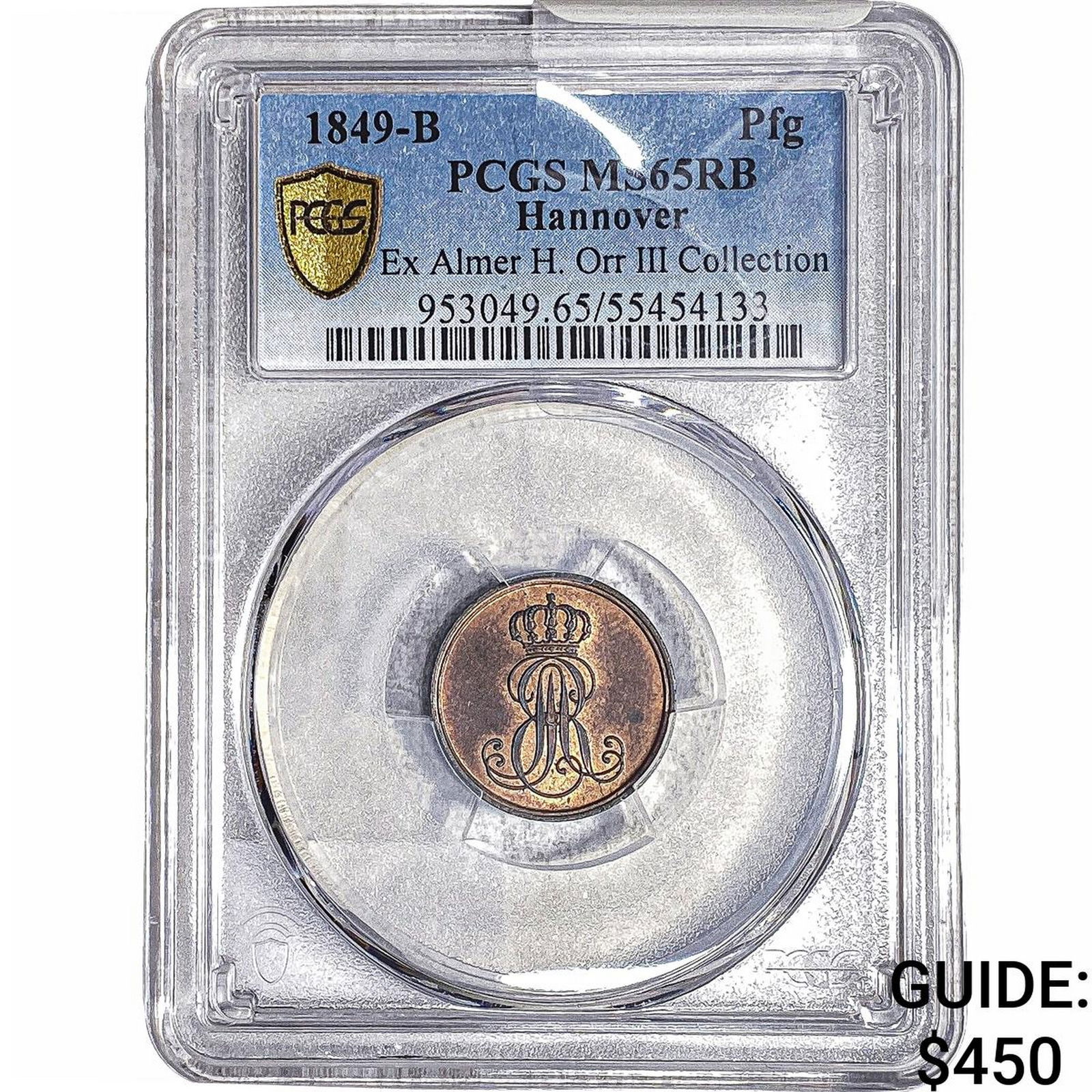 1849-B Hanover Copper 1 Pfennig PCGS MS65 RB: 1849-B Hanover Copper 1 Pfennig PCGS MS65 RB