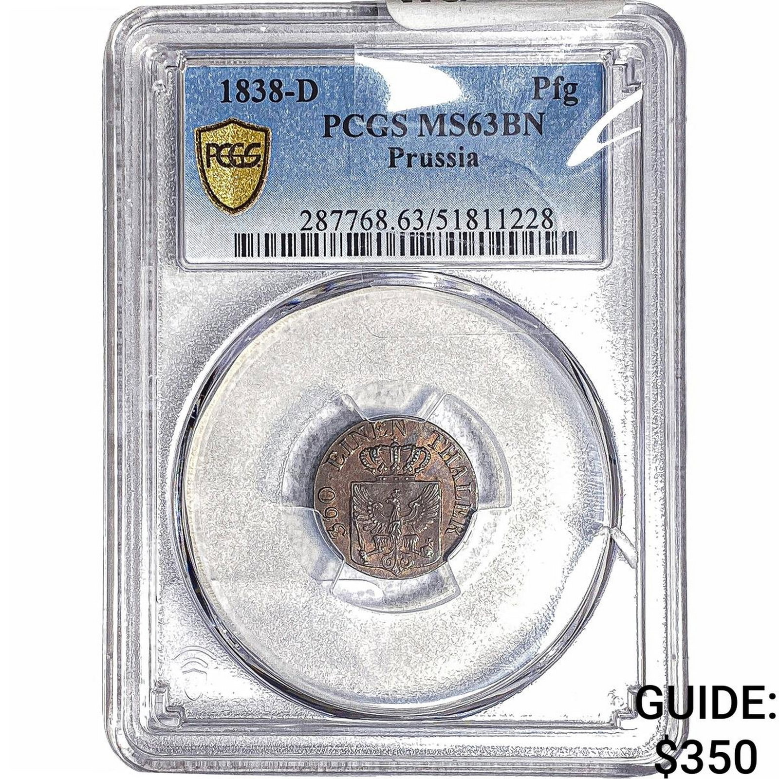 1838 Prussia 1 Copper Pfennig PCGS MS63 BN: 1838 Prussia 1 Copper Pfennig PCGS MS63 BN