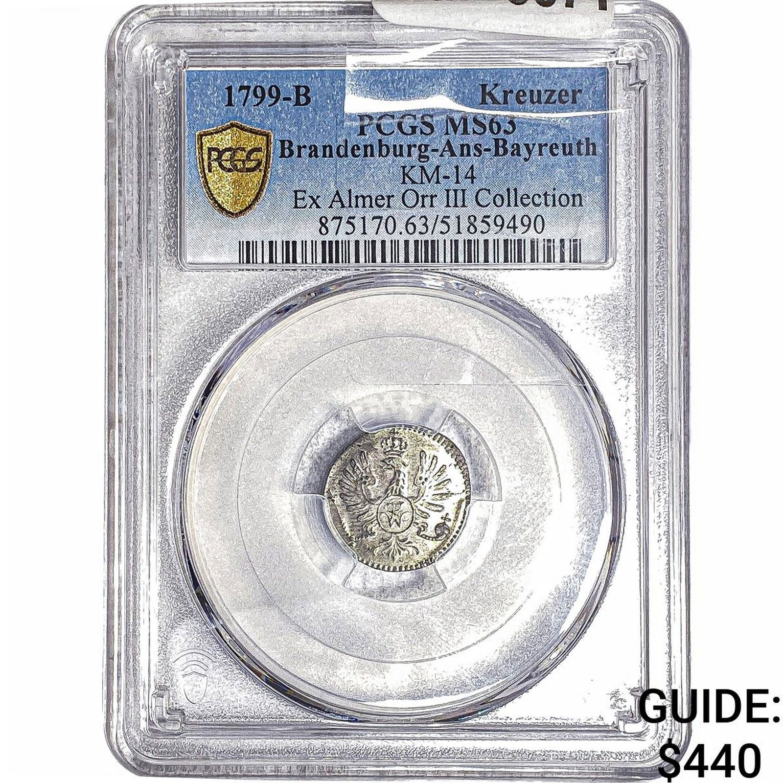 1799-B Brandenburg-Ans-Bayreuth 1 Silver Kreuzer PCGS MS63: 1799-B Brandenburg-Ans-Bayreuth 1 Silver Kreuzer PCGS MS63