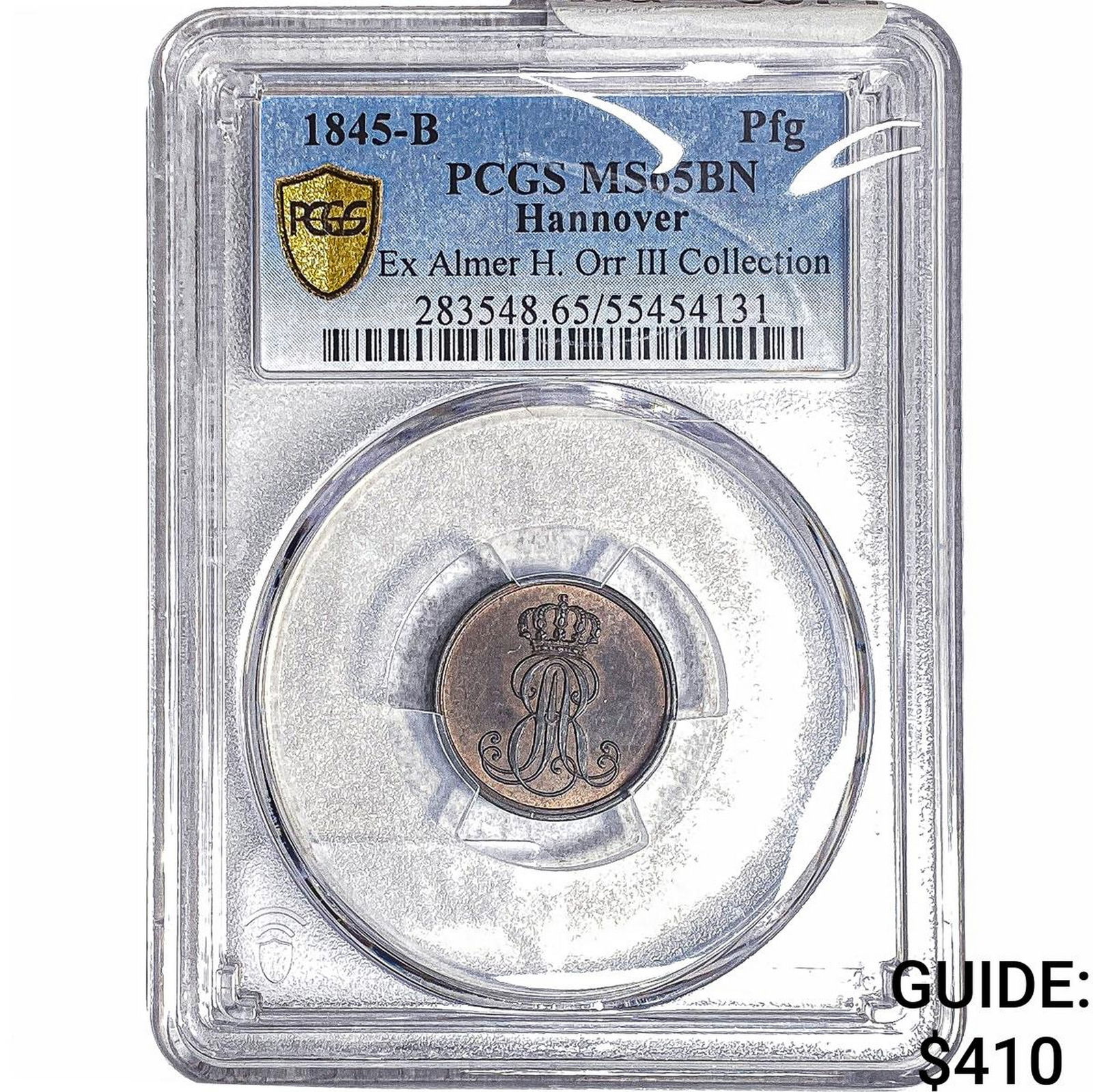 1845-B Hanover Copper 1 Pfennig PCGS MS65 BN: 1845-B Hanover Copper 1 Pfennig PCGS MS65 BN