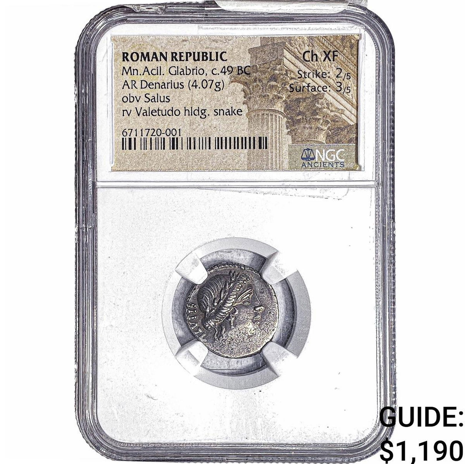 49 BC Roman Republic Mn. Acil. Glabrio Silver Denarius NGC CH XF: 49 BC Roman Republic Mn. Acil. Glabrio Silver Denarius NGC CH XF