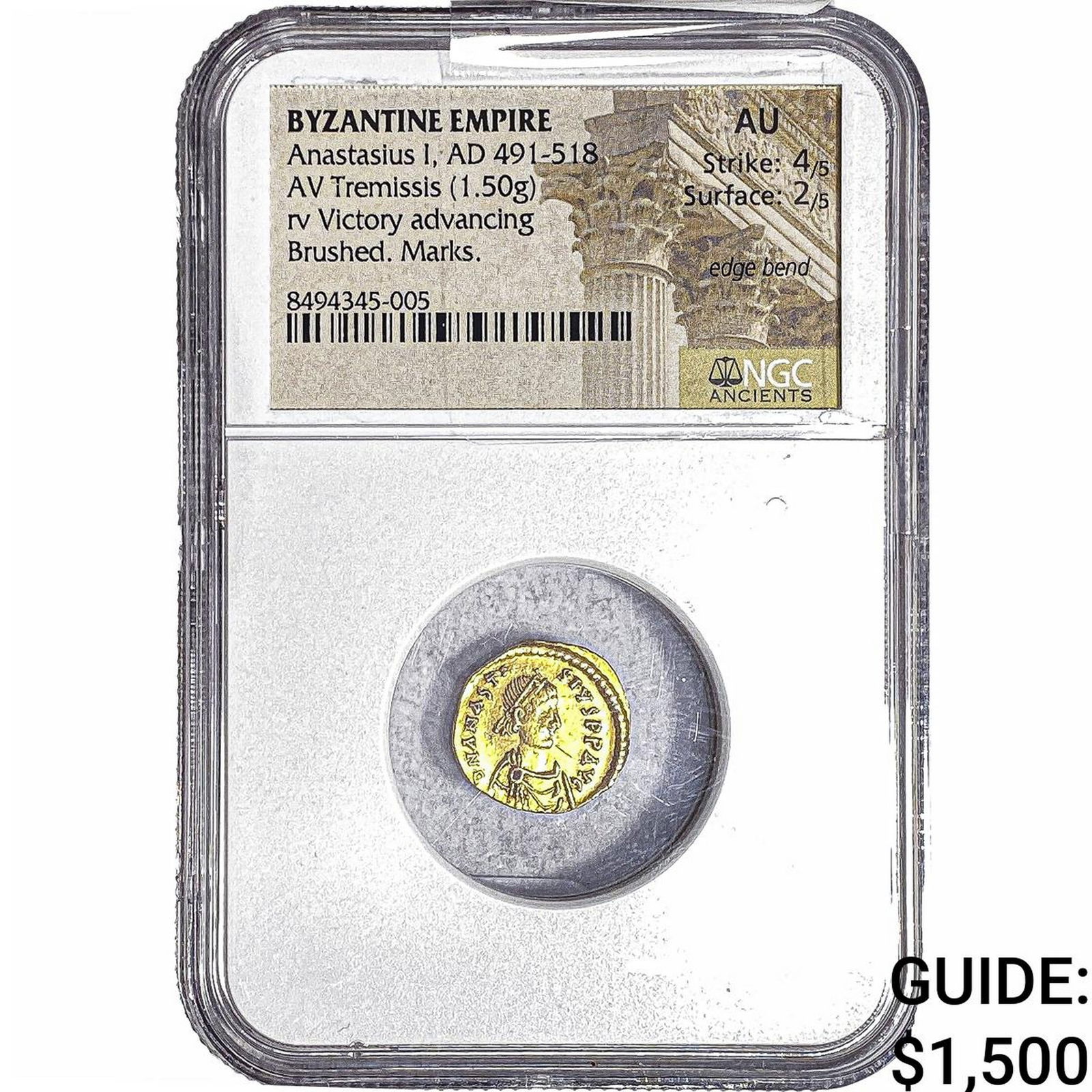 Byzantine Anastasius I 491-518 AD Gold Tremissis NGC AU Brushed, Marks: Byzantine Anastasius I 491-518 AD Gold Tremissis NGC AU Brushed, Marks