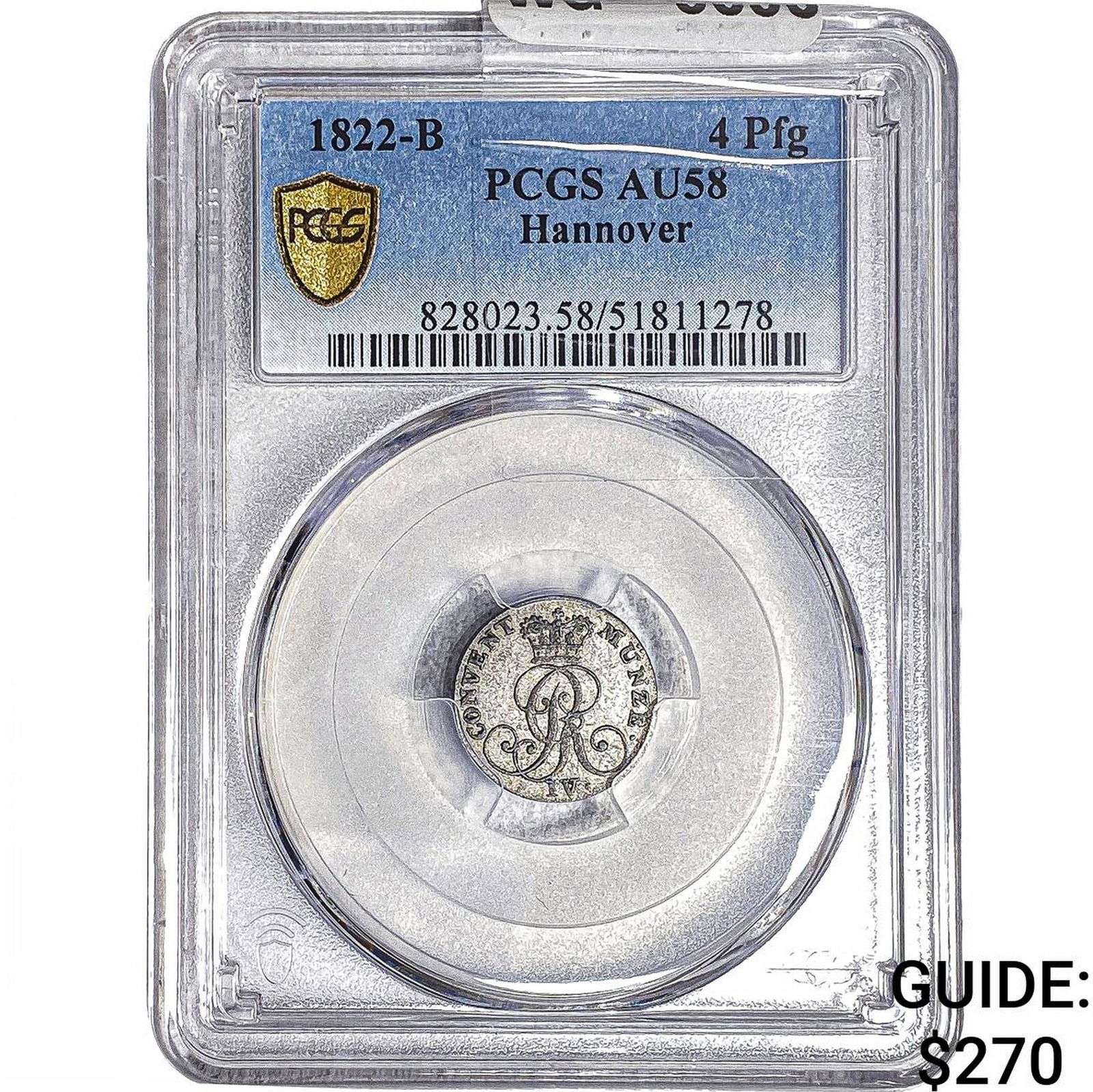 1822-B Hanover Silver 4 Pfennig PCGS AU58: 1822-B Hanover Silver 4 Pfennig PCGS AU58