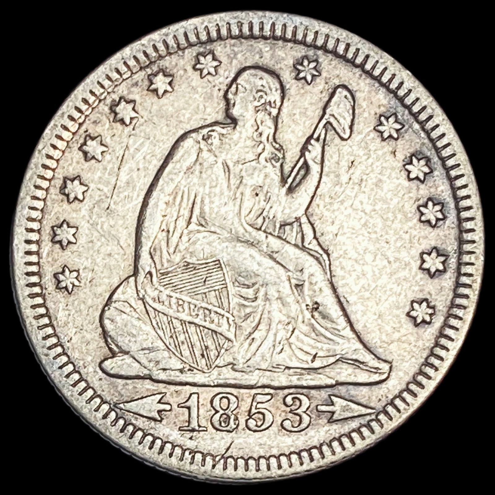 1853 Arrows & Rays Seated Liberty Quarter CLOSELY UNCIRCULATED: 1853 Arrows & Rays Seated Liberty Quarter CLOSELY UNCIRCULATED