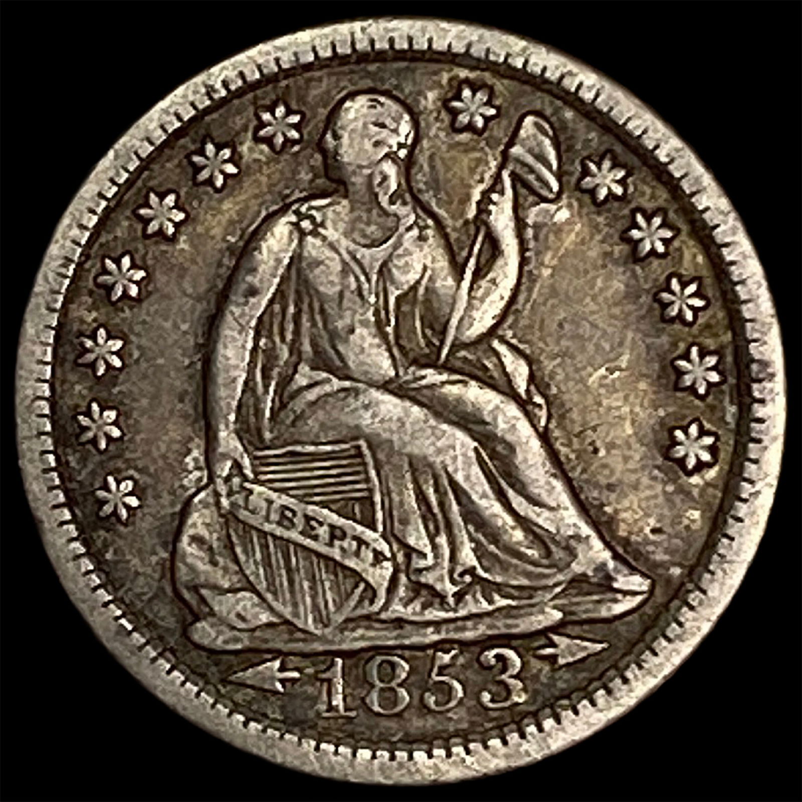 1853-O Arrows Seated Liberty Half Dime ABOUT UNCIRCULATED: 1853-O Arrows Seated Liberty Half Dime ABOUT UNCIRCULATED