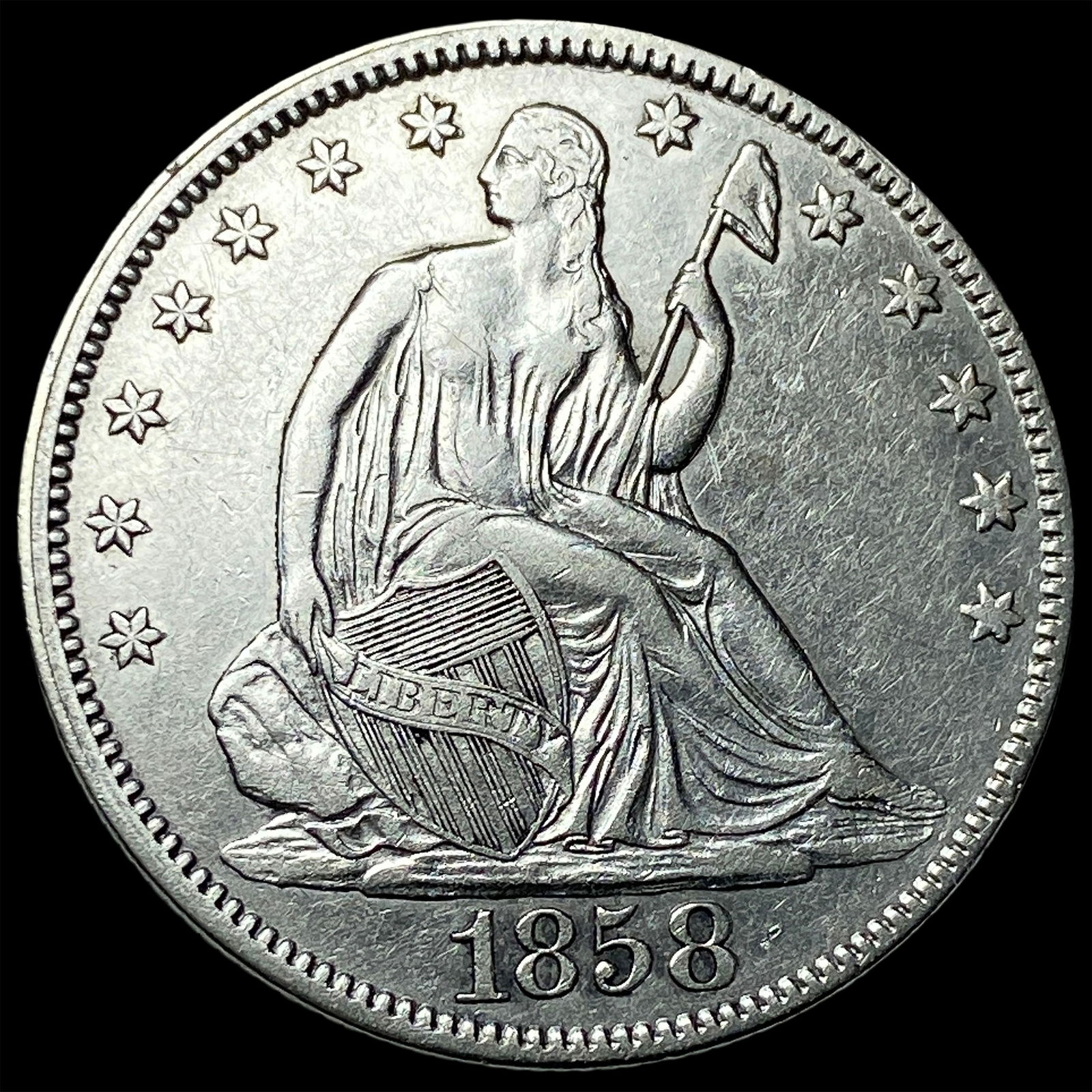 1858 Silver Seated Liberty Half Dollar CLOSELY UNCIRCULATED: 1858 Silver Seated Liberty Half Dollar CLOSELY UNCIRCULATED