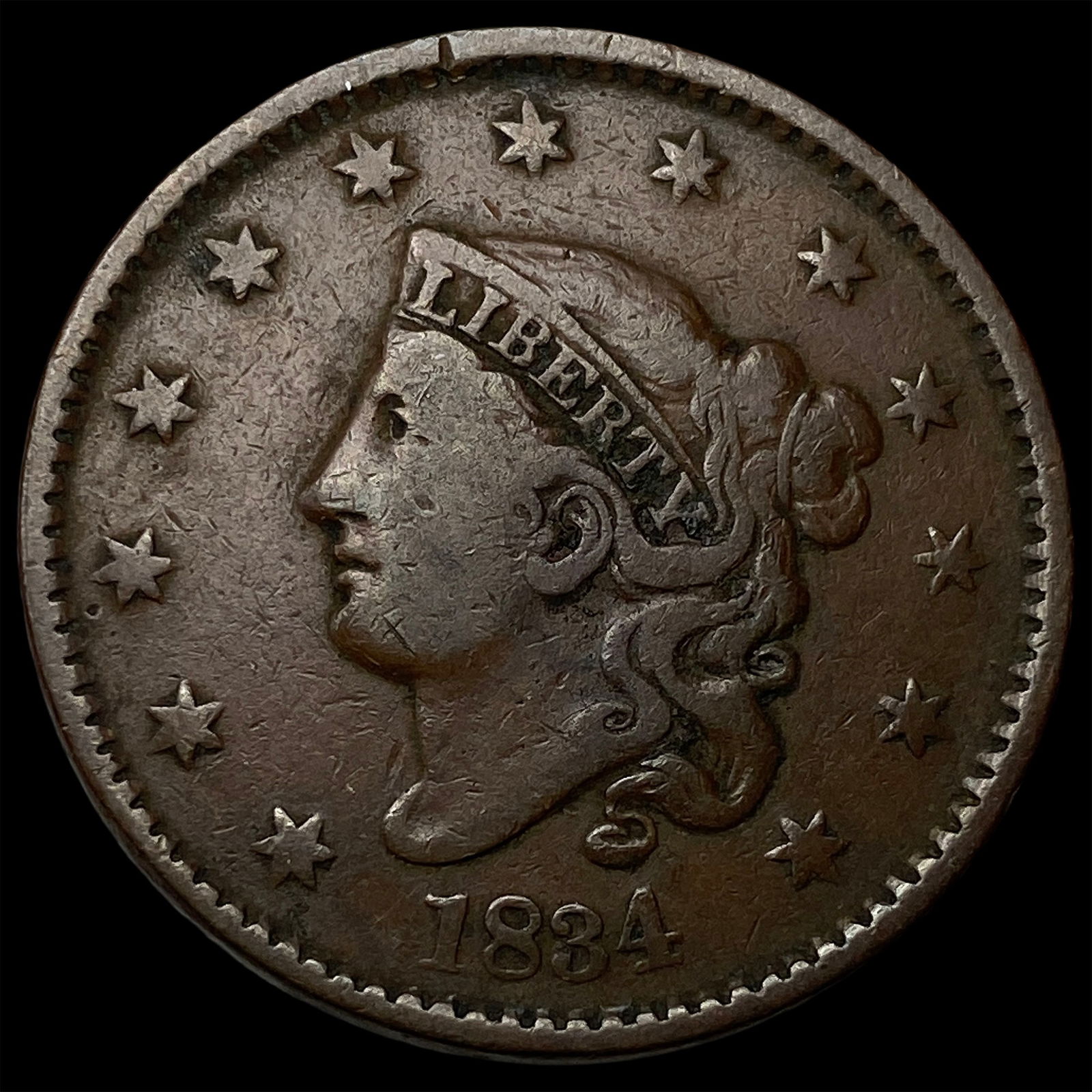 1834 Coronet Head Large Cent NICELY CIRCULATED: 1834 Coronet Head Large Cent NICELY CIRCULATED