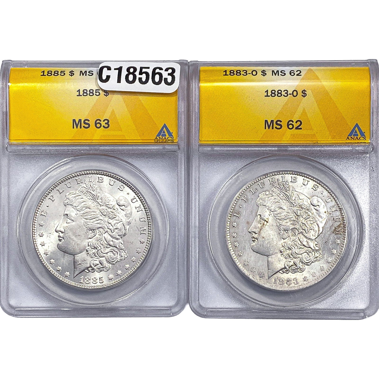 [2 Coins] 1883-1885 Morgan Silver Dollar ANACS MS62-63: [2 Coins] 1883-1885 Morgan Silver Dollar ANACS MS62-63