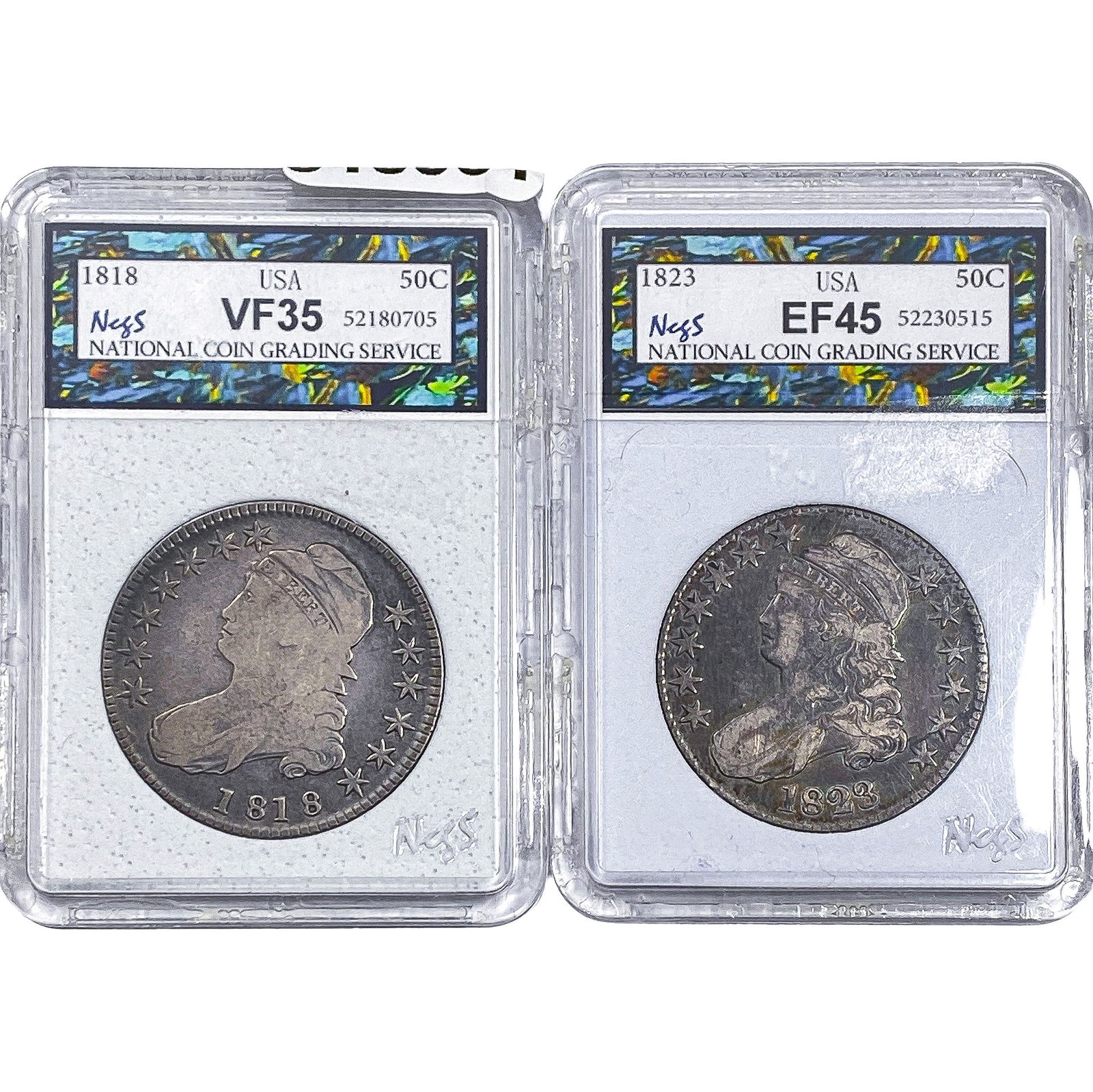 [2 Coins] 1818-1823 Capped Bust Half Dollar NCGS EF/VF35-45: [2 Coins] 1818-1823 Capped Bust Half Dollar NCGS EF/VF35-45