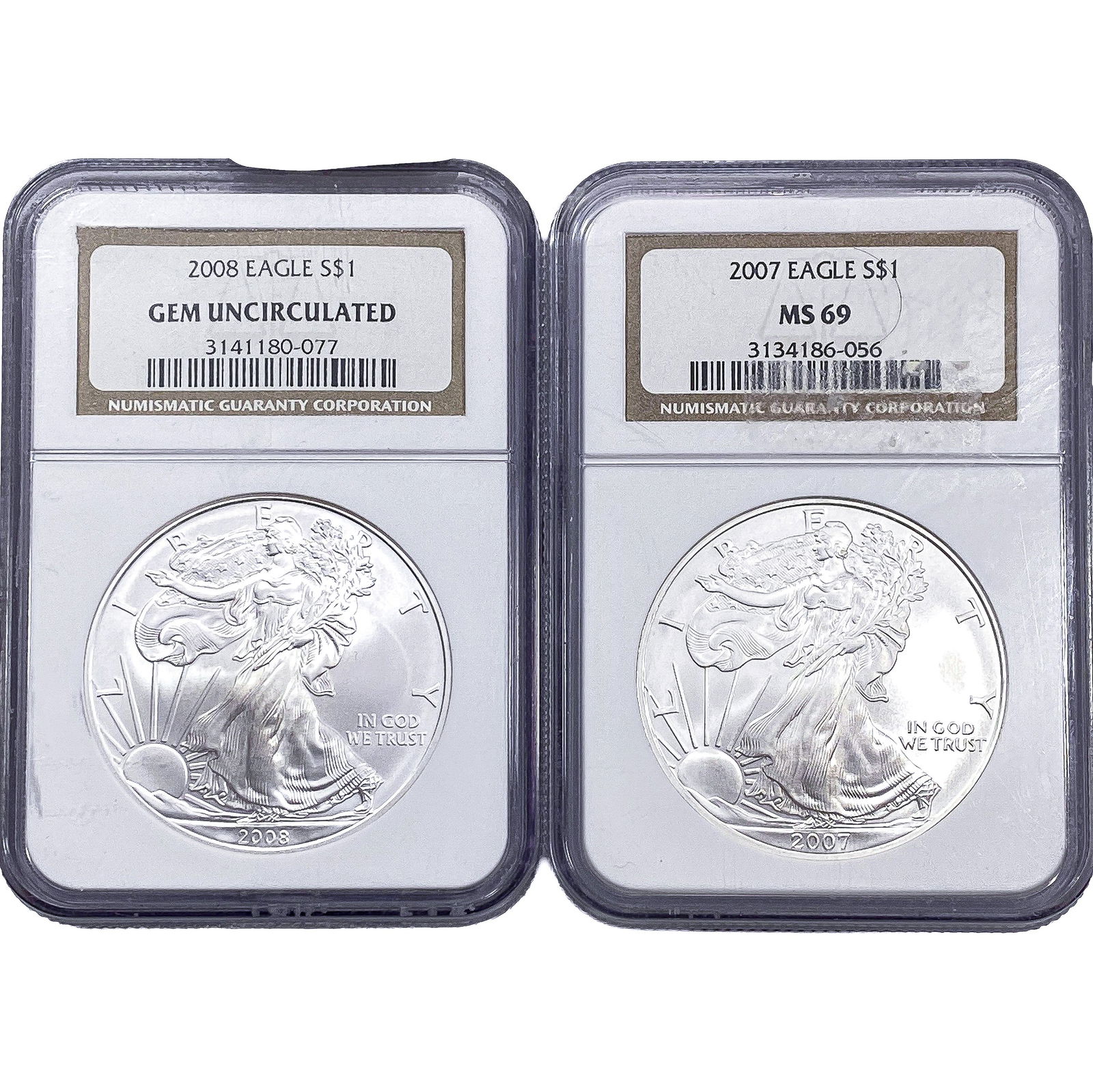 [2 Coins] 2007-2008 Silver Eagle NGC MS69 (1 of 2)