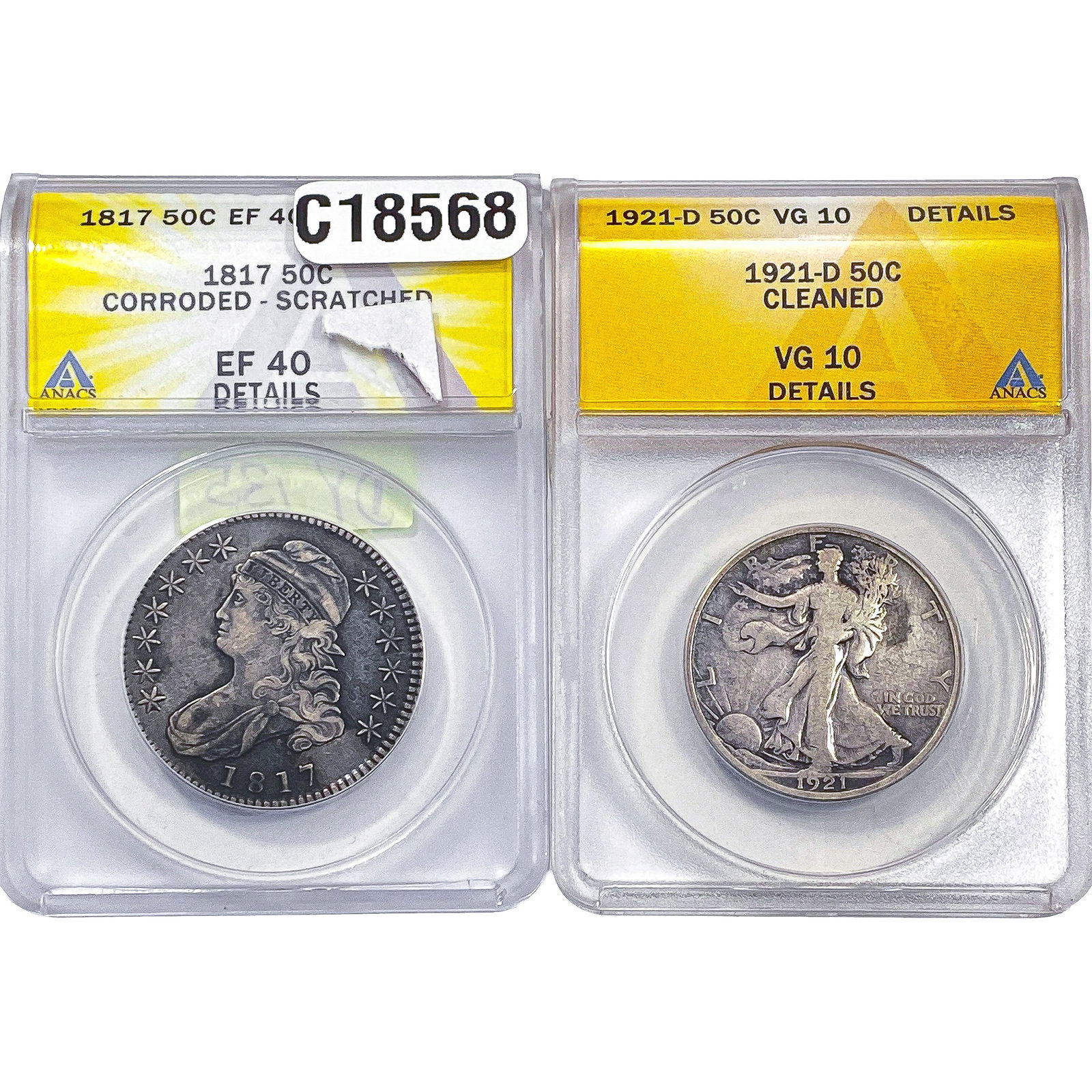 [2 Coins] 1817-1921 Walking Lib. & Cap. Bust 50Cs ANACS EF/VG10-40: [2 Coins] 1817-1921 Walking Lib. & Cap. Bust 50Cs ANACS EF/VG10-40