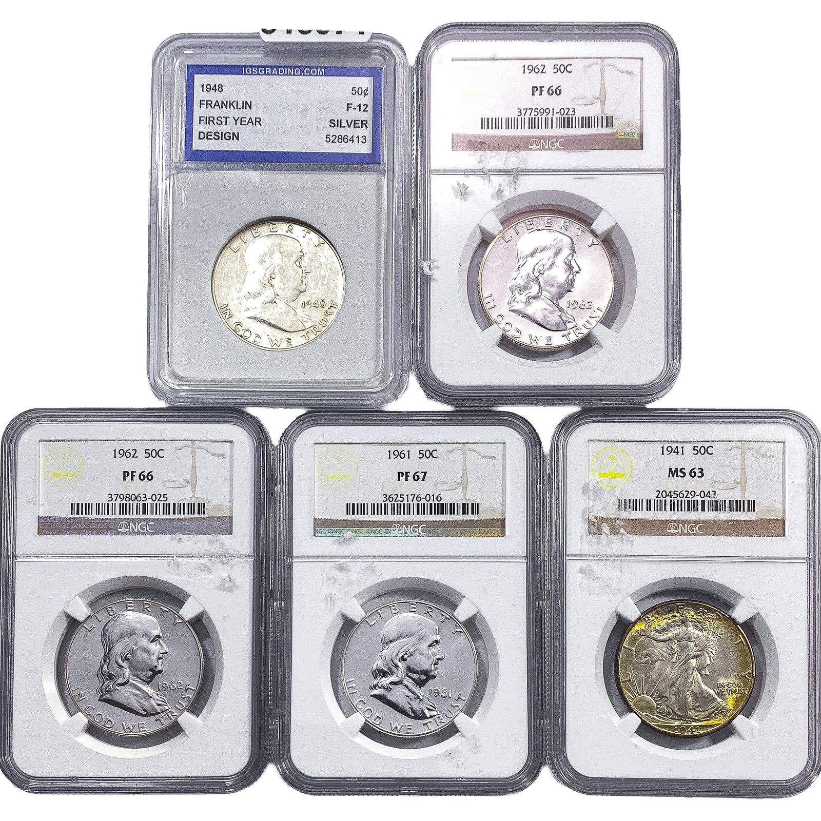 [5 Coins] 1941-1962 Walking Lib. & Franklin 50C IGS/NGC F/PF/MS12-67 (1 of 2)