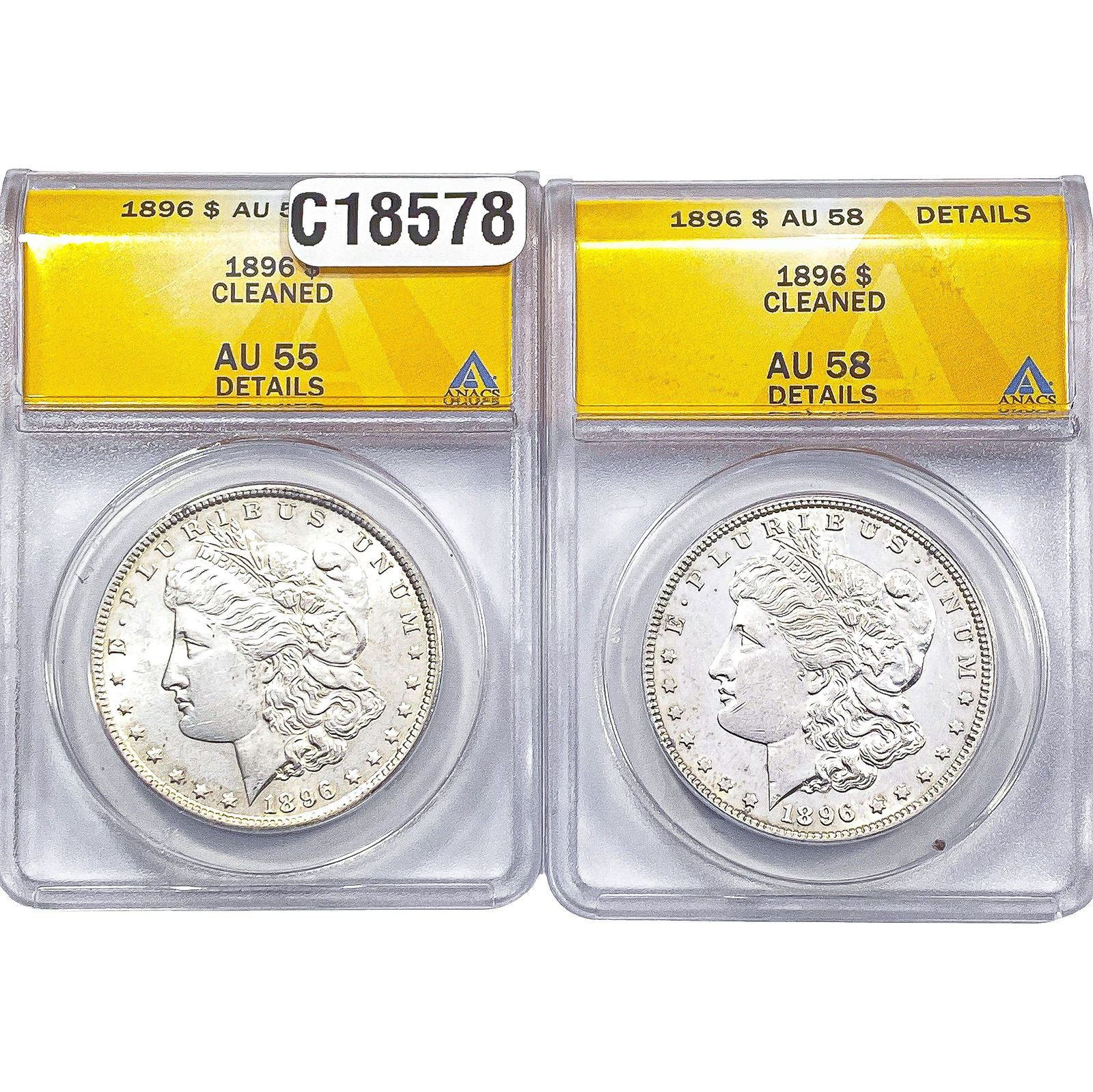[2 Coins] 1896 Morgan Silver Dollar ANACS AU55-58: [2 Coins] 1896 Morgan Silver Dollar ANACS AU55-58