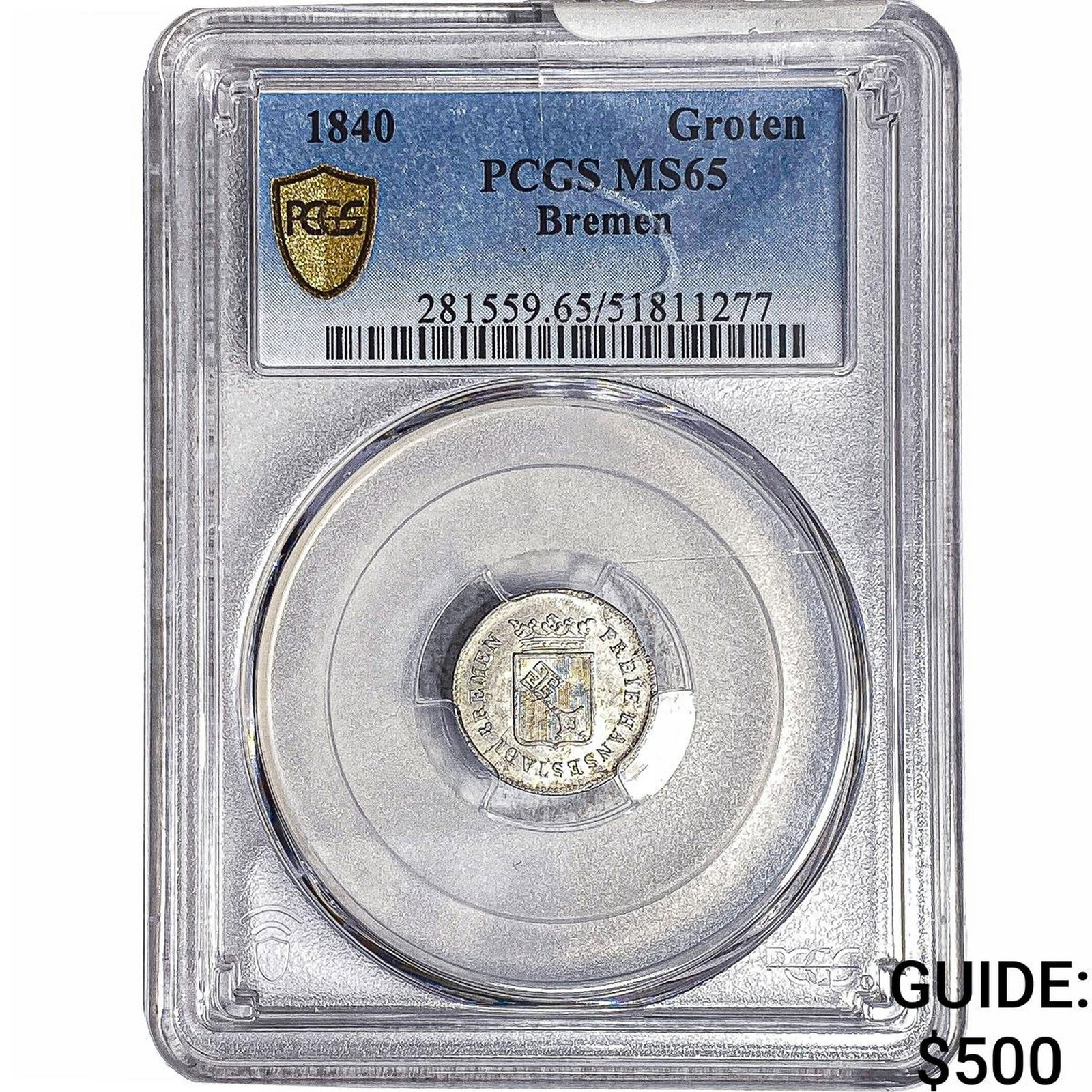 1840 Bremen 1 Silver Groten PCGS MS65: 1840 Bremen 1 Silver Groten PCGS MS65