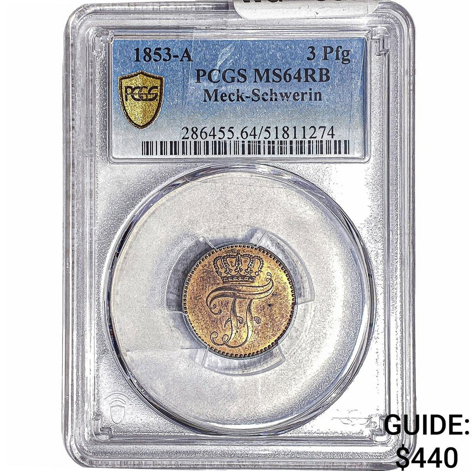 1853-A Meck-Schwerin Copper 3 Pfennigs PCGS MS64 RB: 1853-A Meck-Schwerin Copper 3 Pfennigs PCGS MS64 RB