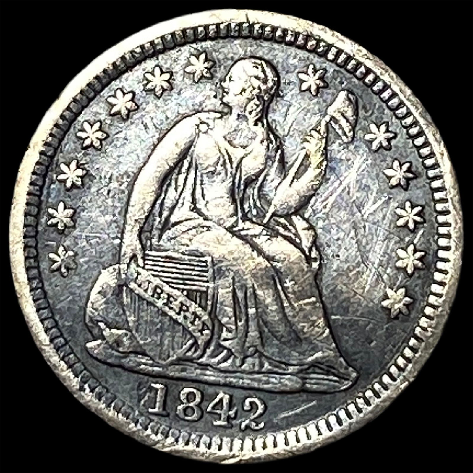 1842-O Silver Seated Liberty Half Dime NEARLY UNCIRCULATED: 1842-O Silver Seated Liberty Half Dime NEARLY UNCIRCULATED