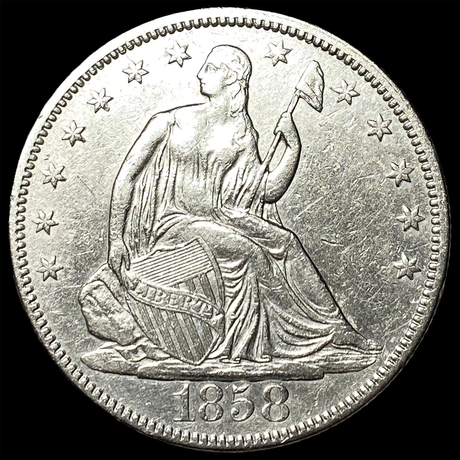 1858 Silver Half Dollar (Seated Liberty) CLOSELY UNCIRCULATED: 1858 Silver Half Dollar (Seated Liberty) CLOSELY UNCIRCULATED
