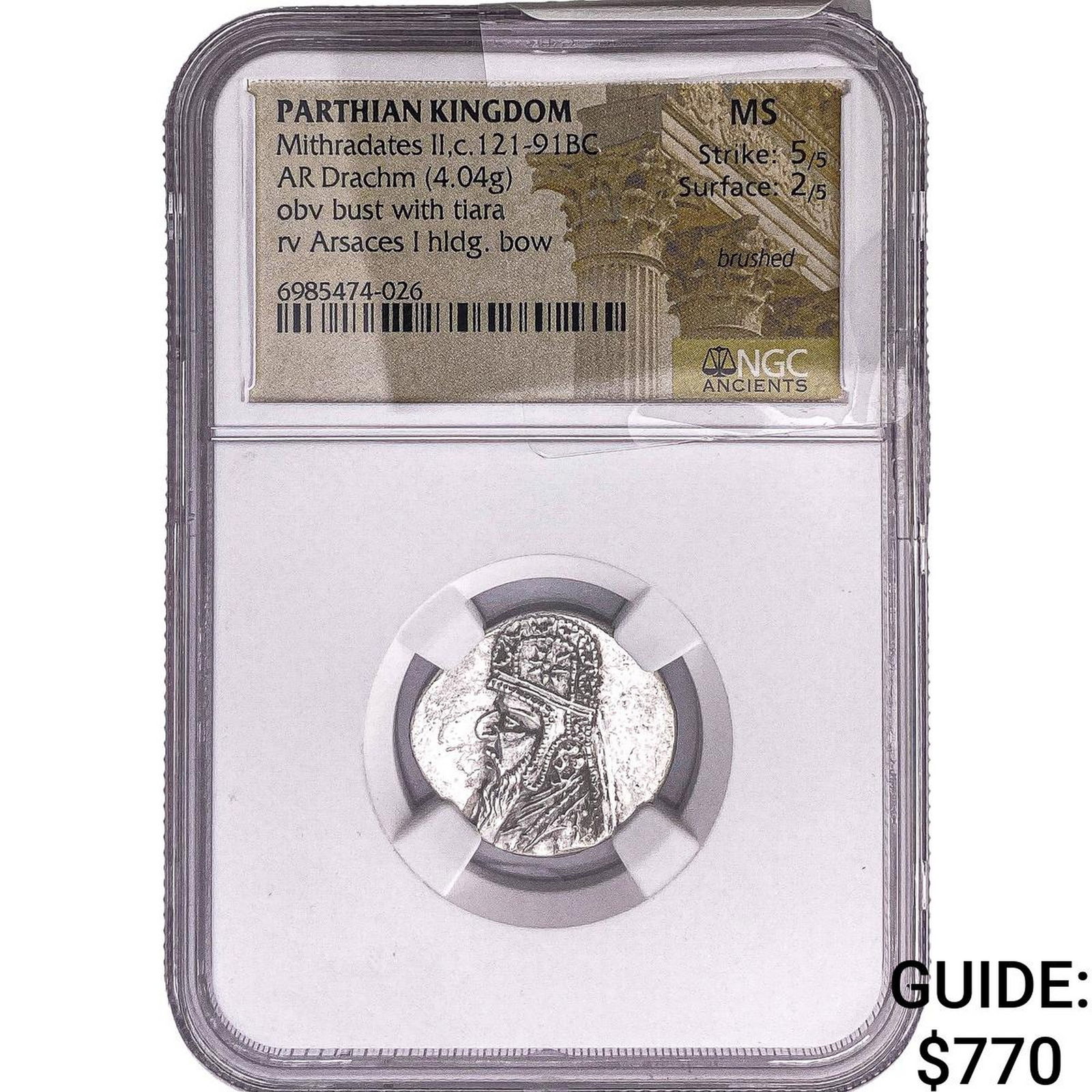 Parthian Empire Mithridates II 121-91 BC Silver Drachm NGC MS Brushed: Parthian Empire Mithridates II 121-91 BC Silver Drachm NGC MS Brushed