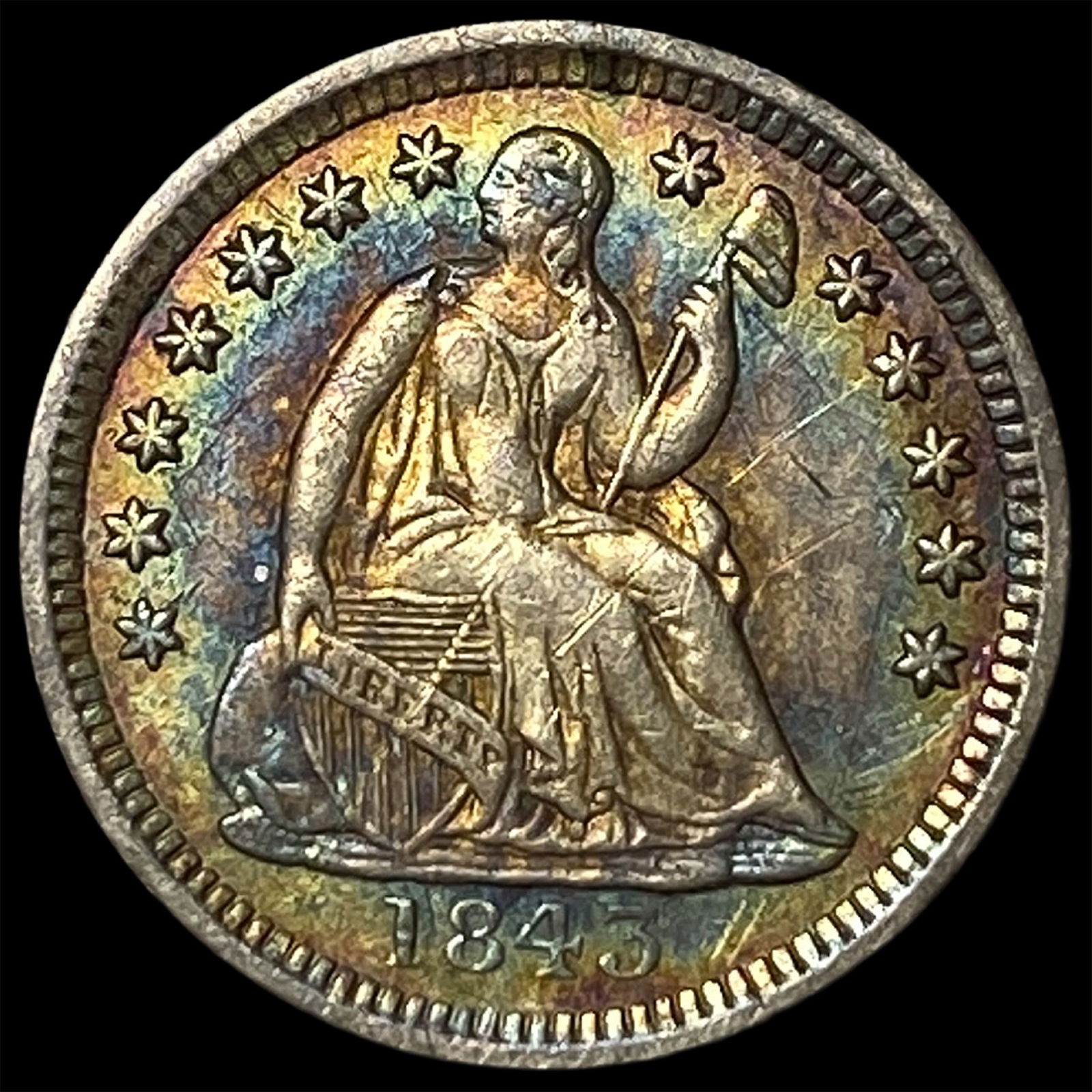 1843 TONED Seated Liberty Half Dime NEARLY UNCIRCULATED (1 of 2)