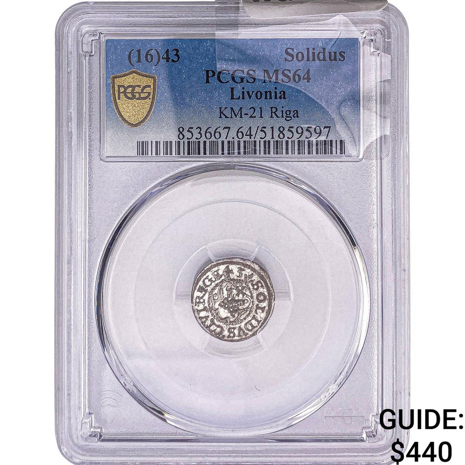 1643 Livonia Silver 1 Solidus PCGS MS64: 1643 Livonia Silver 1 Solidus PCGS MS64