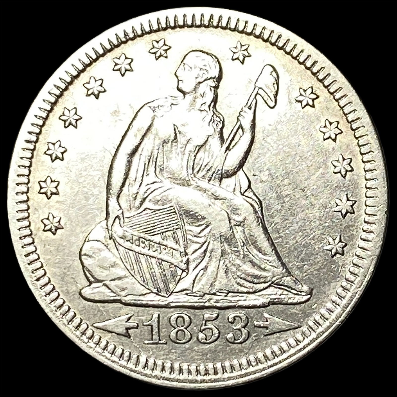 1853 Arrows Seated Liberty Quarter CLOSELY UNCIRCULATED: 1853 Arrows Seated Liberty Quarter CLOSELY UNCIRCULATED