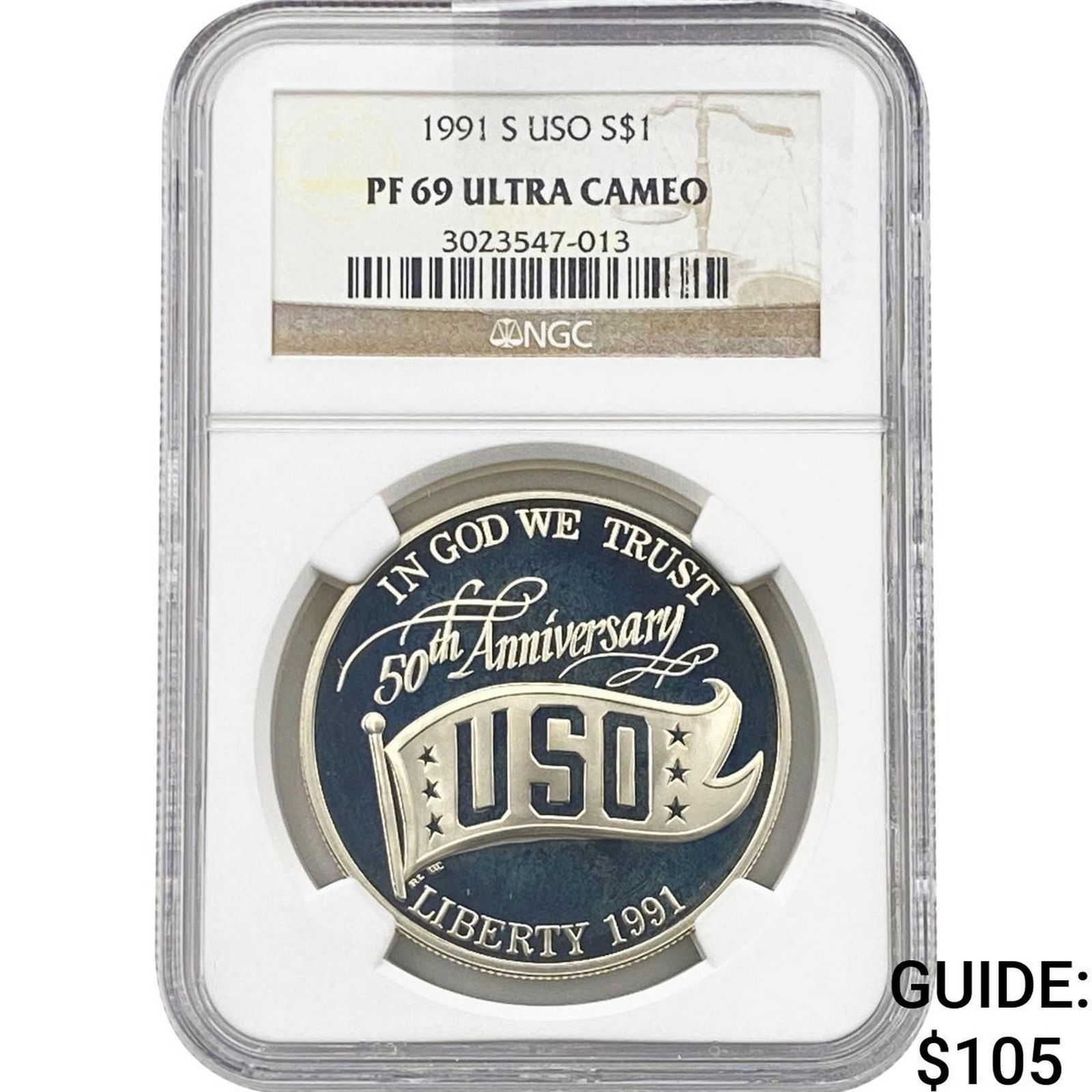 1991-S USO 50th Anniversary .7734oz Silver $1 NGC PF69 Ultra Cameo: 1991-S USO 50th Anniversary .7734oz Silver $1 NGC PF69 Ultra Cameo