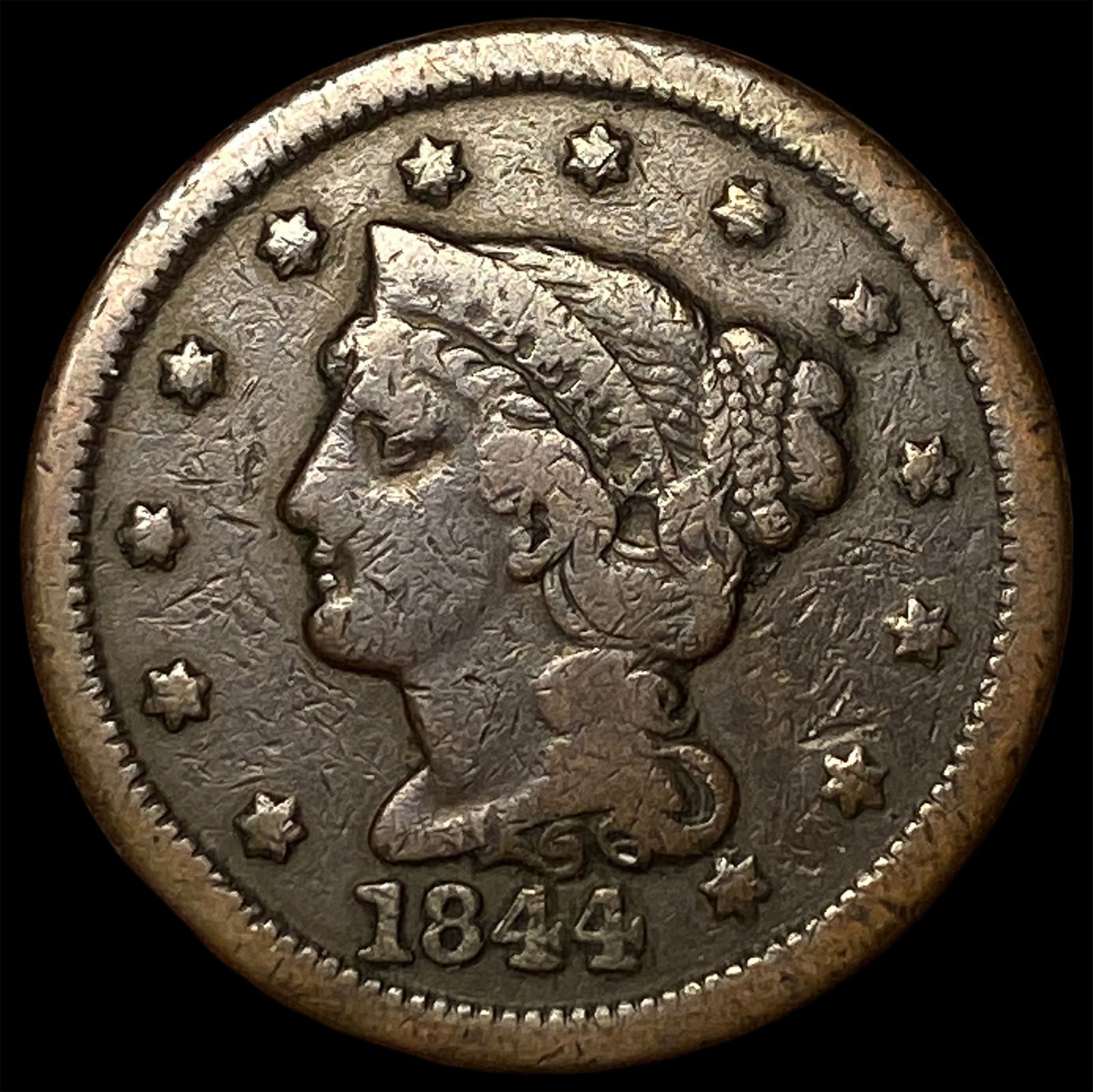 1844 Braided Hair Large Cent LIGHTLY CIRCULATED (1 of 2)