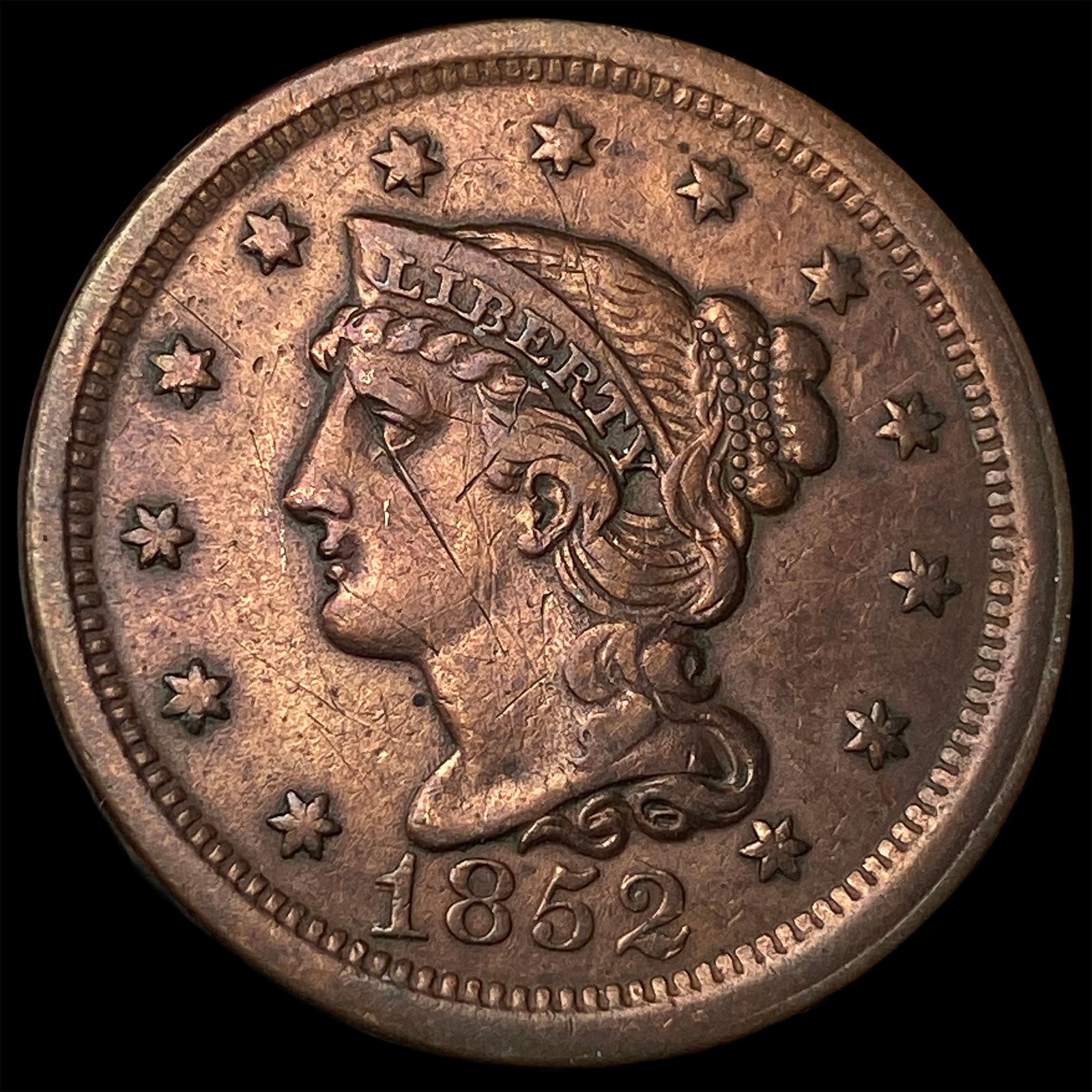 1852 Braided Hair Large Cent CLOSELY UNCIRCULATED: 1852 Braided Hair Large Cent CLOSELY UNCIRCULATED