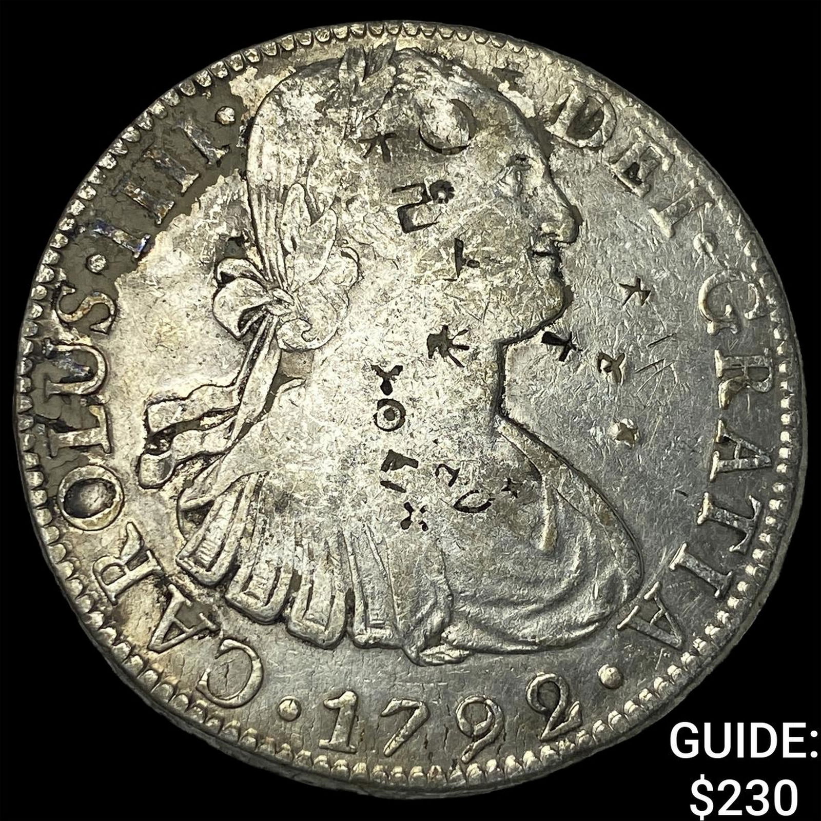 1792 Colonial Spain Silver 8 Reales Punchmarked NEARLY UNCIRCULATED: 1792 Colonial Spain Silver 8 Reales Punchmarked NEARLY UNCIRCULATED