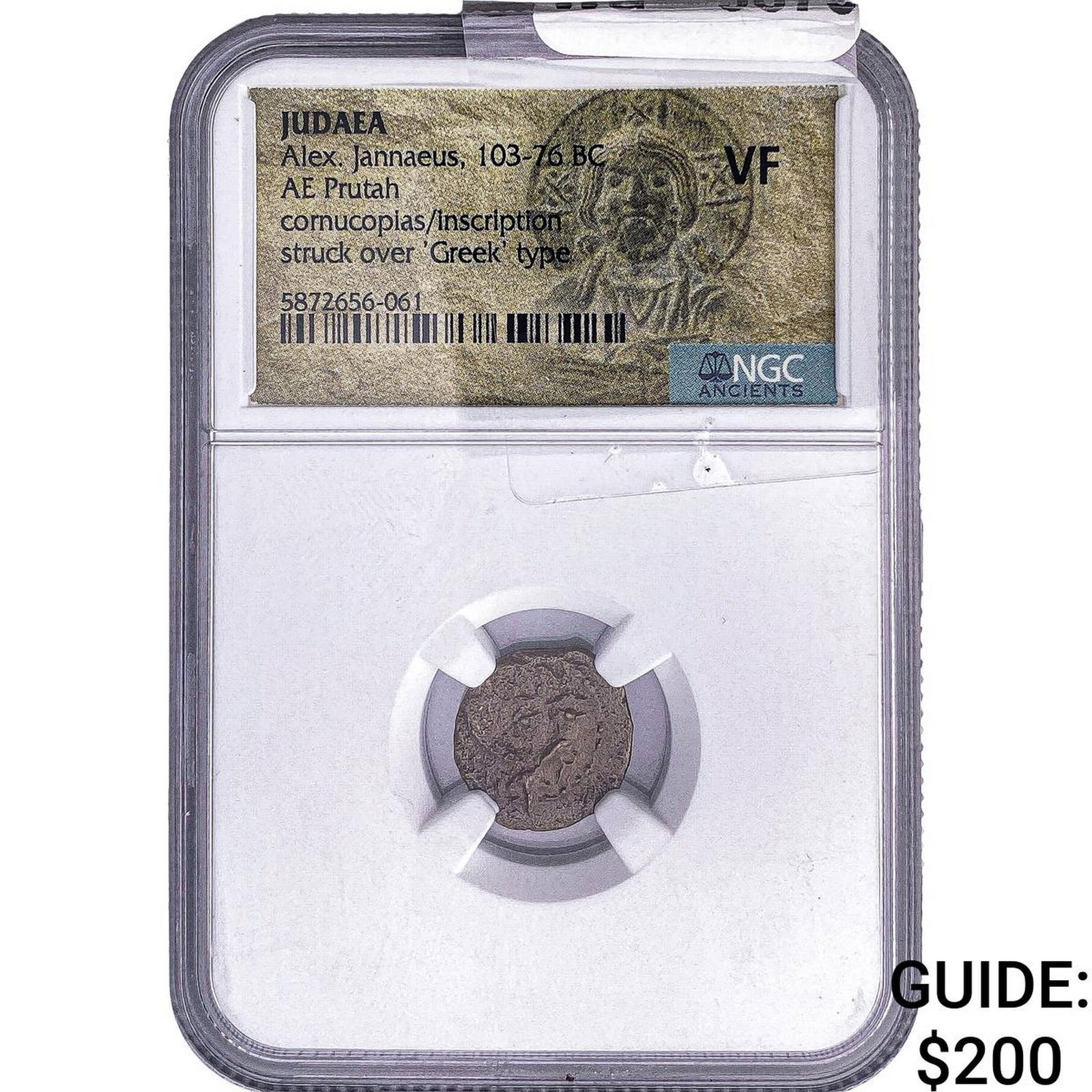 Ancient Judaea Alexius Jannaeus 103-76 BC Bronze Prutah NGC VF: Ancient Judaea Alexius Jannaeus 103-76 BC Bronze Prutah NGC VF