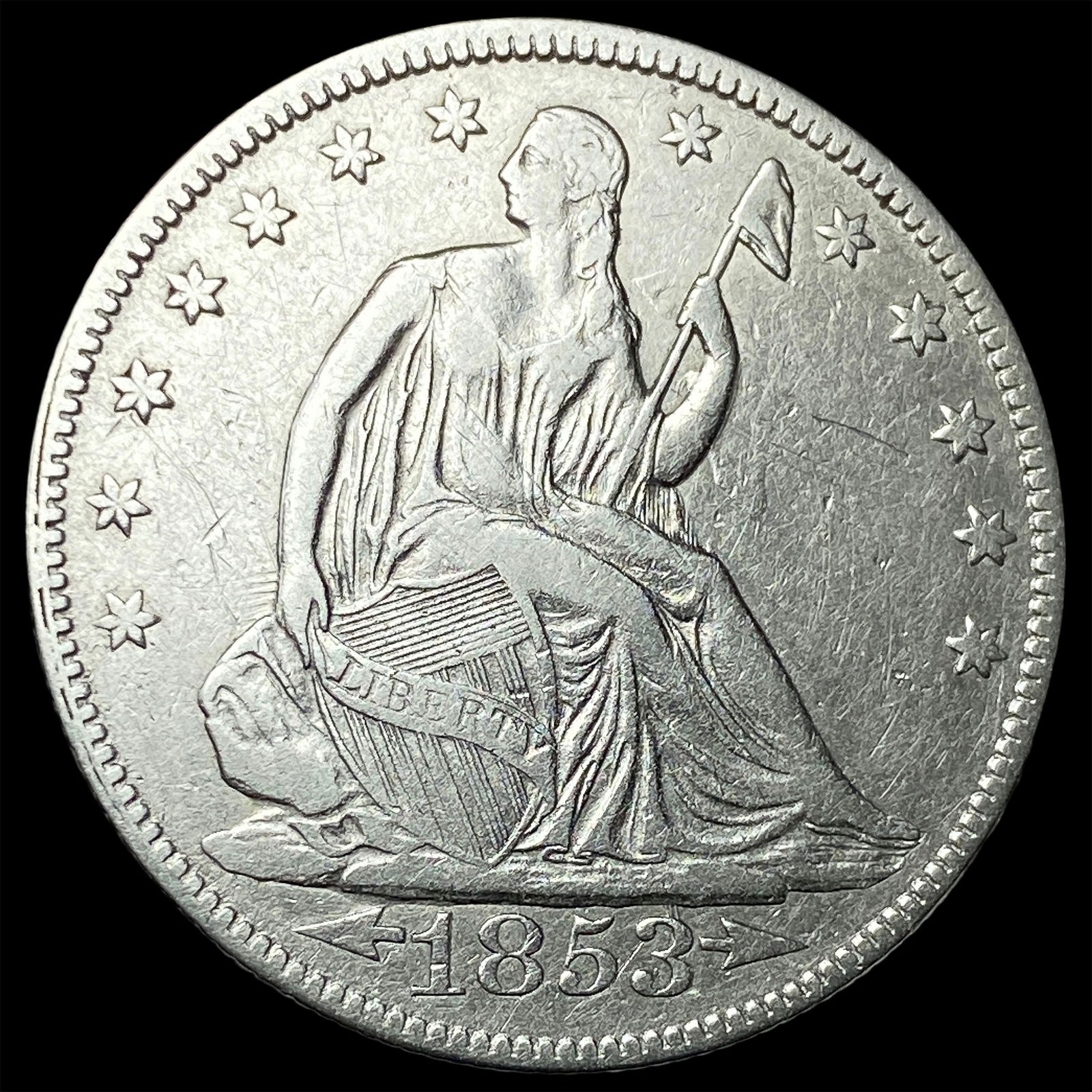 1853 Arrows Seated Liberty Half Dollar NEARLY UNCIRCULATED: 1853 Arrows Seated Liberty Half Dollar NEARLY UNCIRCULATED