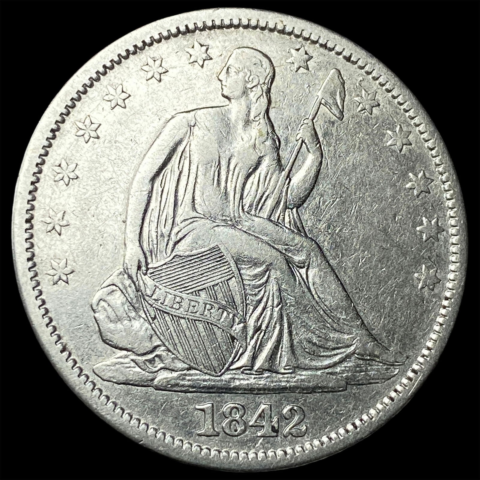 1842 Silver Half Dollar (Seated Liberty) NEARLY UNCIRCULATED: 1842 Silver Half Dollar (Seated Liberty) NEARLY UNCIRCULATED