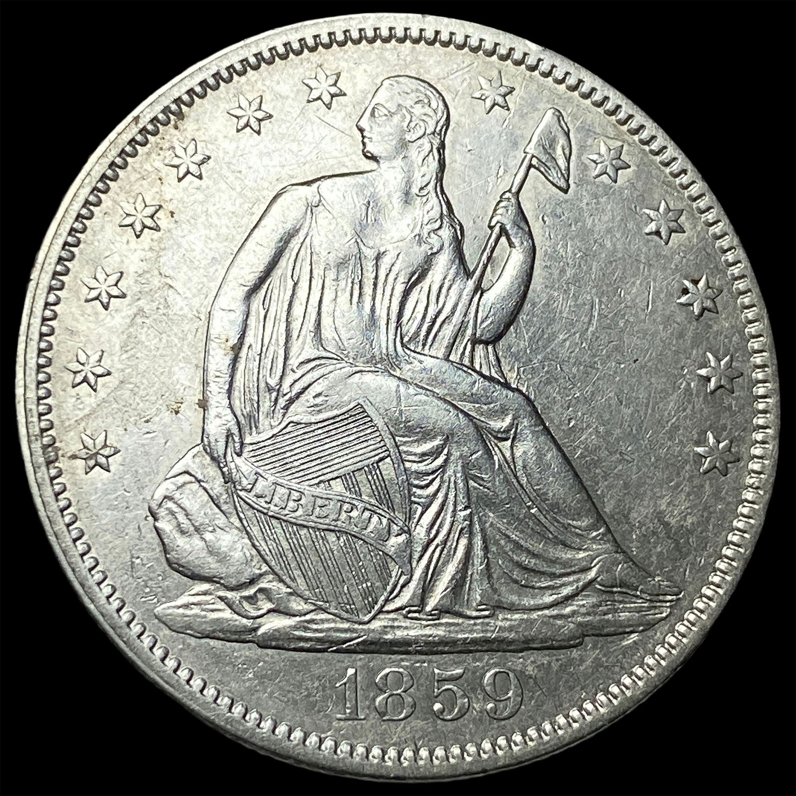 1859 Silver Half Dollar (Seated Liberty) CLOSELY UNCIRCULATED: 1859 Silver Half Dollar (Seated Liberty) CLOSELY UNCIRCULATED