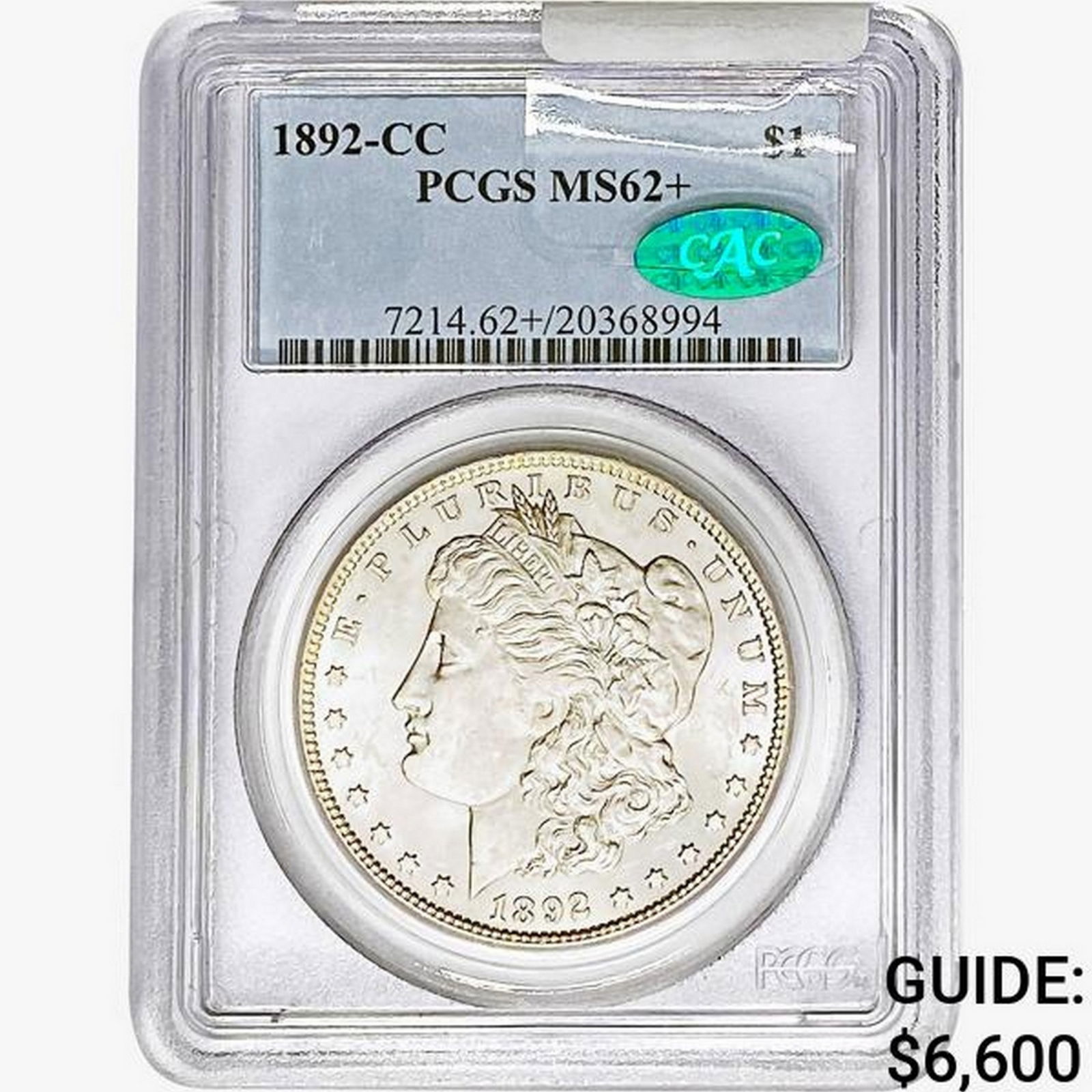 1892-CC CAC Morgan Silver Dollar PCGS MS62+: 1892-CC CAC Morgan Silver Dollar PCGS MS62+
