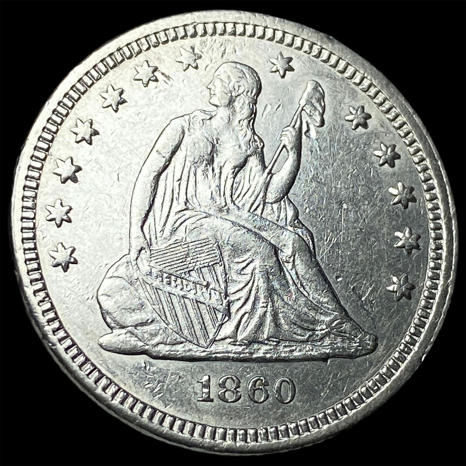 1860 Seated Liberty Silver Quarter CLOSELY UNCIRCULATED: 1860 Seated Liberty Silver Quarter CLOSELY UNCIRCULATED