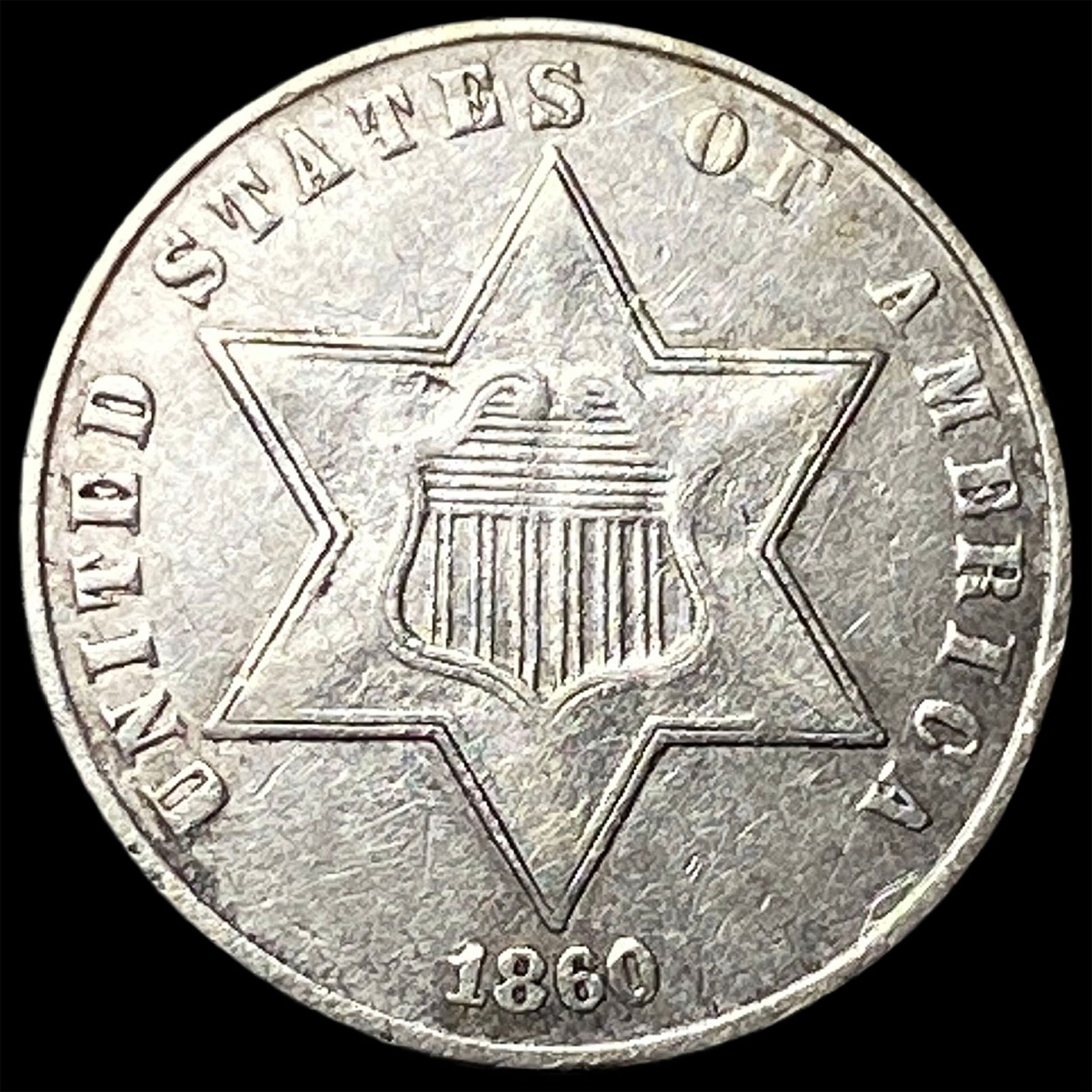 1860 Silver Three-Cent Piece NEARLY UNCIRCULATED (1 of 2)