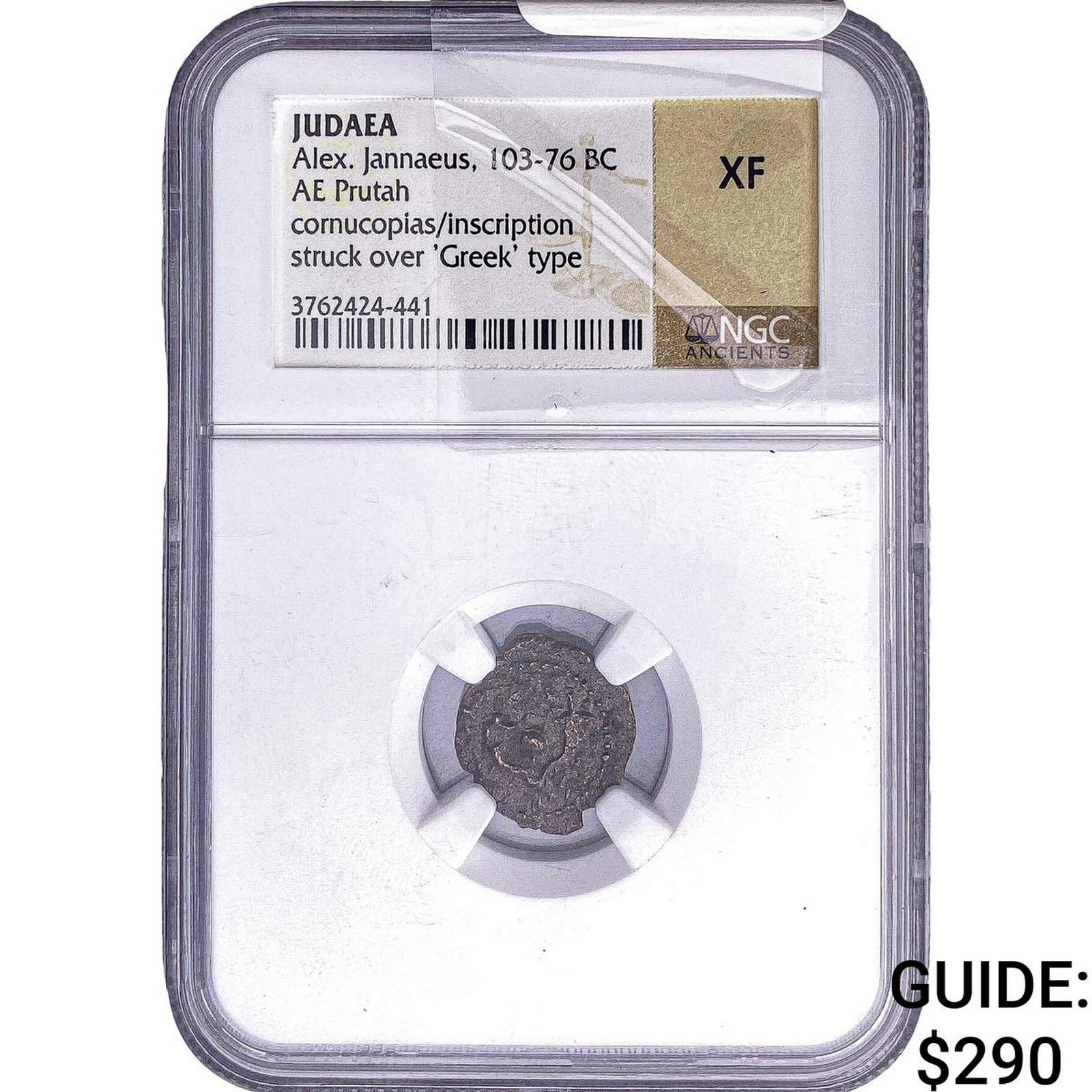 Ancient Judaea Alexius Jannaeus 103-76 BC Bronze Prutah NGC XF: Ancient Judaea Alexius Jannaeus 103-76 BC Bronze Prutah NGC XF