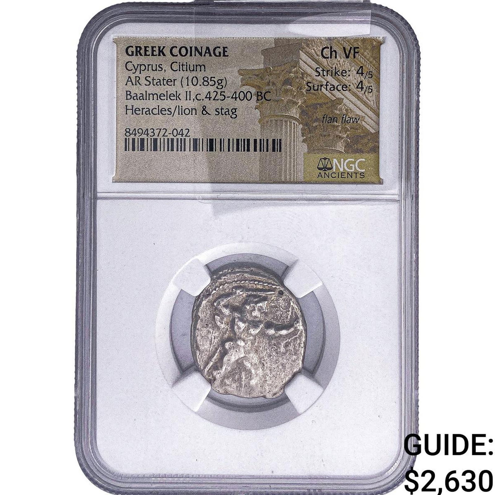 Cyprus, Citium Silver Stater Baalmelek II 425-400 BC Silver Stater NGC Ch VF Flan flaw: Cyprus, Citium Silver Stater Baalmelek II 425-400 BC Silver Stater NGC Ch VF Flan flaw