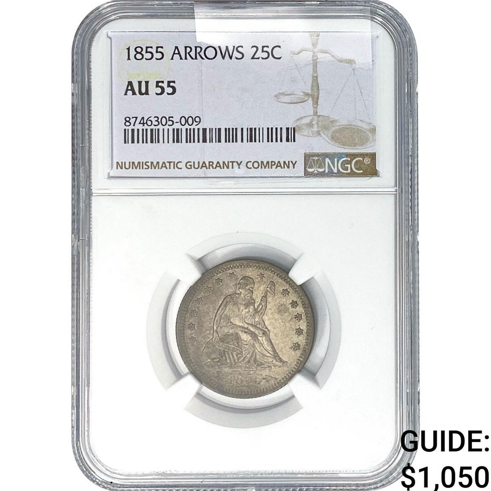 1855 Seated Liberty Quarter NGC AU55 Arrows: 1855 Seated Liberty Quarter NGC AU55 Arrows