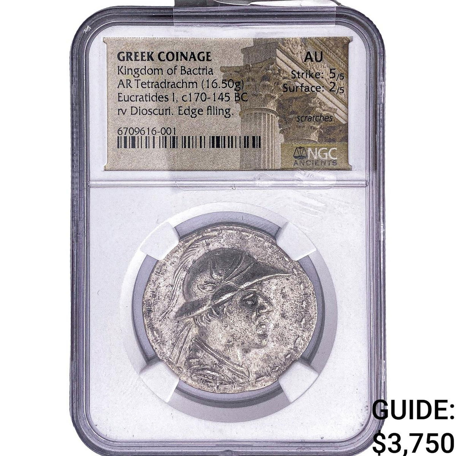 Bactrian Kingdom Eucratides I 170-145 BC Silver Tetradrachm NGC AU Scratches: Bactrian Kingdom Eucratides I 170-145 BC Silver Tetradrachm NGC AU Scratches