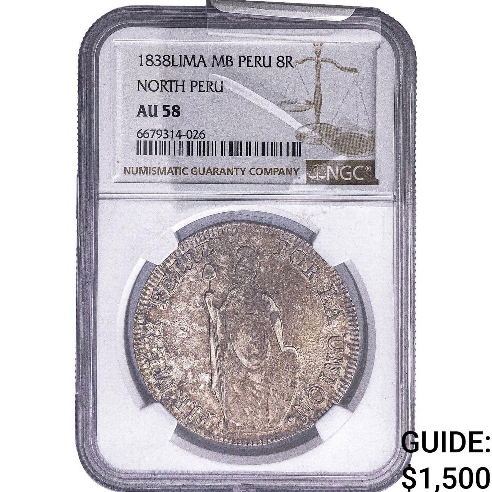 1838 Peru Silver 8 Reales NGC AU58: 1838 Peru Silver 8 Reales NGC AU58