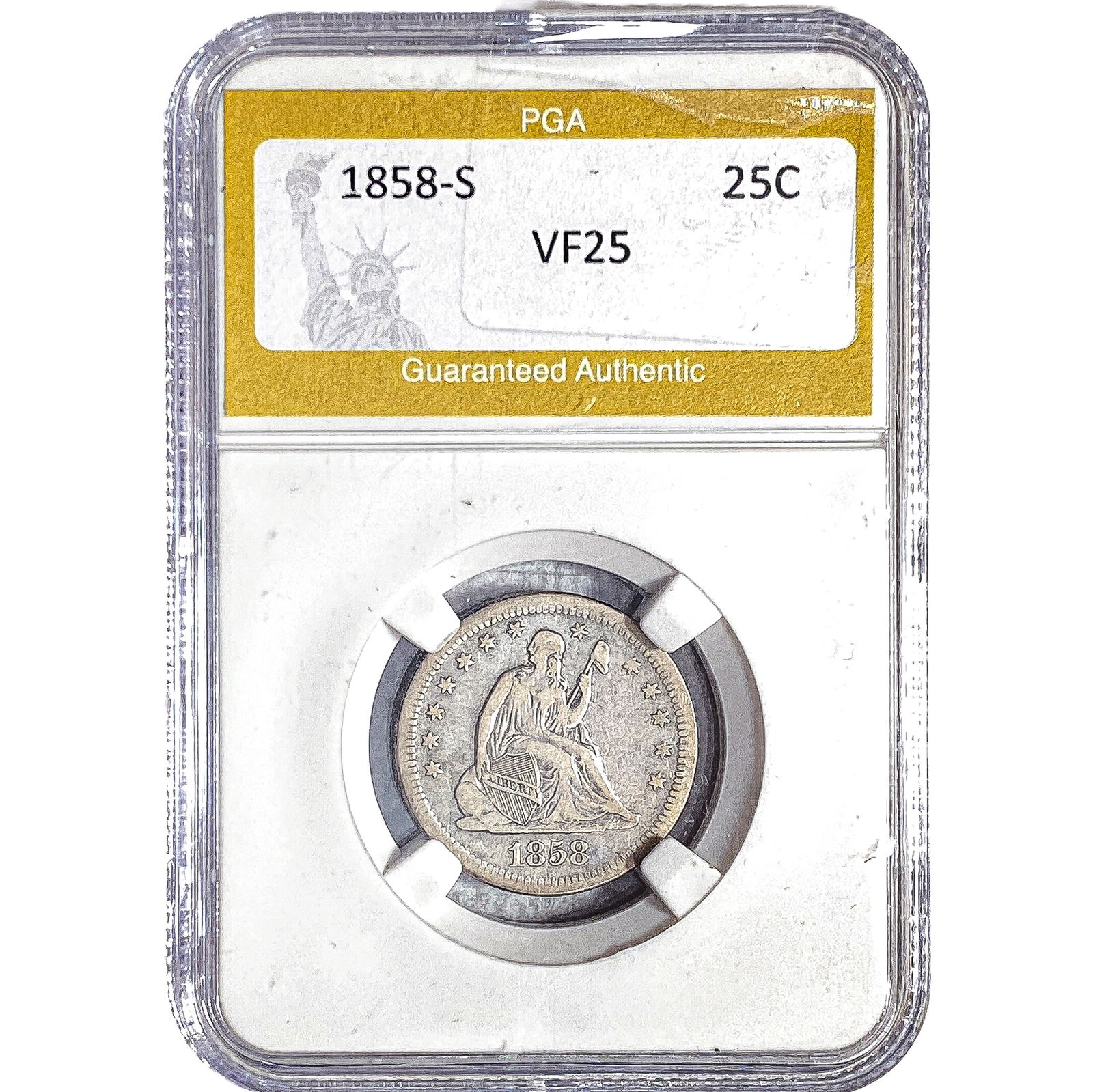 1858-S Seated Liberty Quarter PGA VF25: 1858-S Seated Liberty Quarter PGA VF25