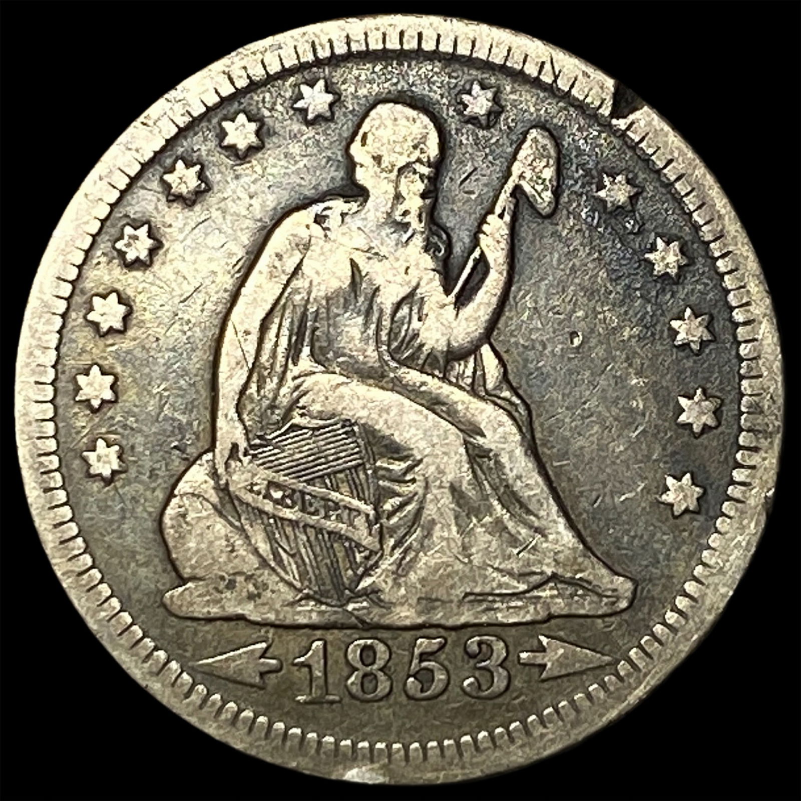 1853 Arrows Seated Liberty Silver Quarter ABOUT UNCIRCULATED: 1853 Arrows Seated Liberty Silver Quarter ABOUT UNCIRCULATED