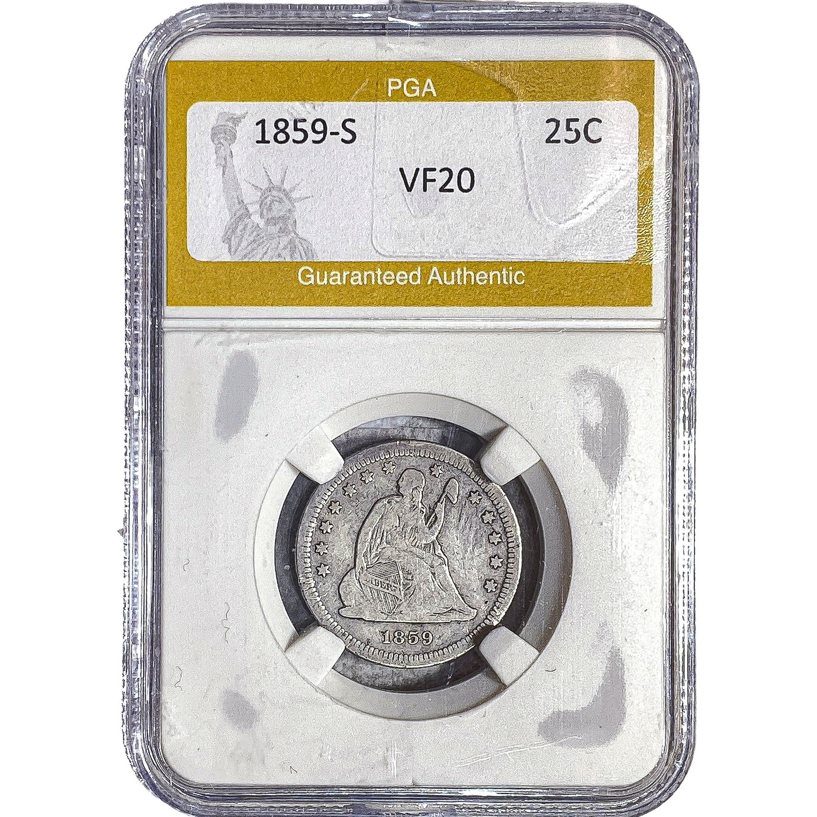 1859-S Seated Liberty Quarter PGA VF20: 1859-S Seated Liberty Quarter PGA VF20