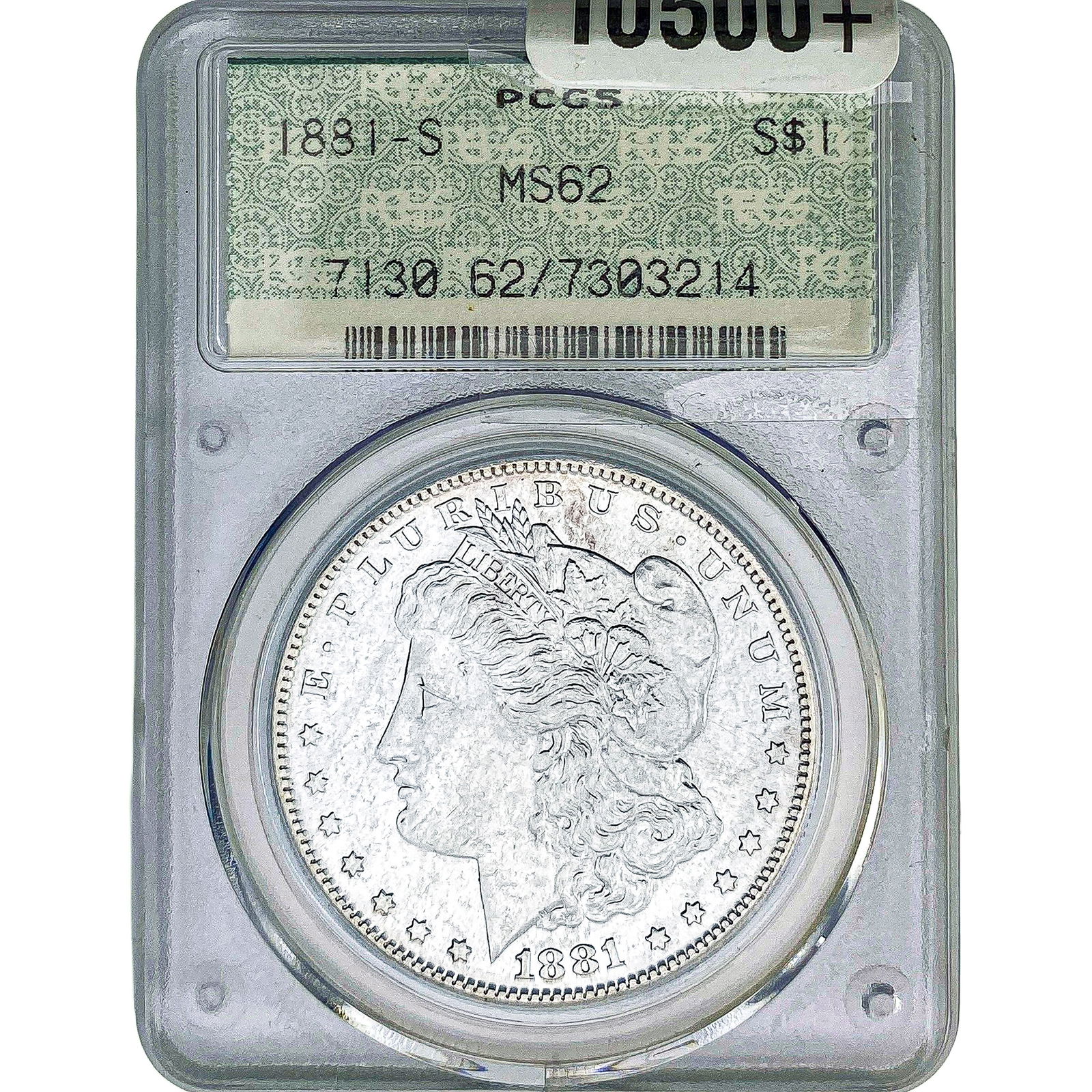 1881-S Morgan Silver Dollar PCGS MS62 Doily Holder: 1881-S Morgan Silver Dollar PCGS MS62 Doily Holder
