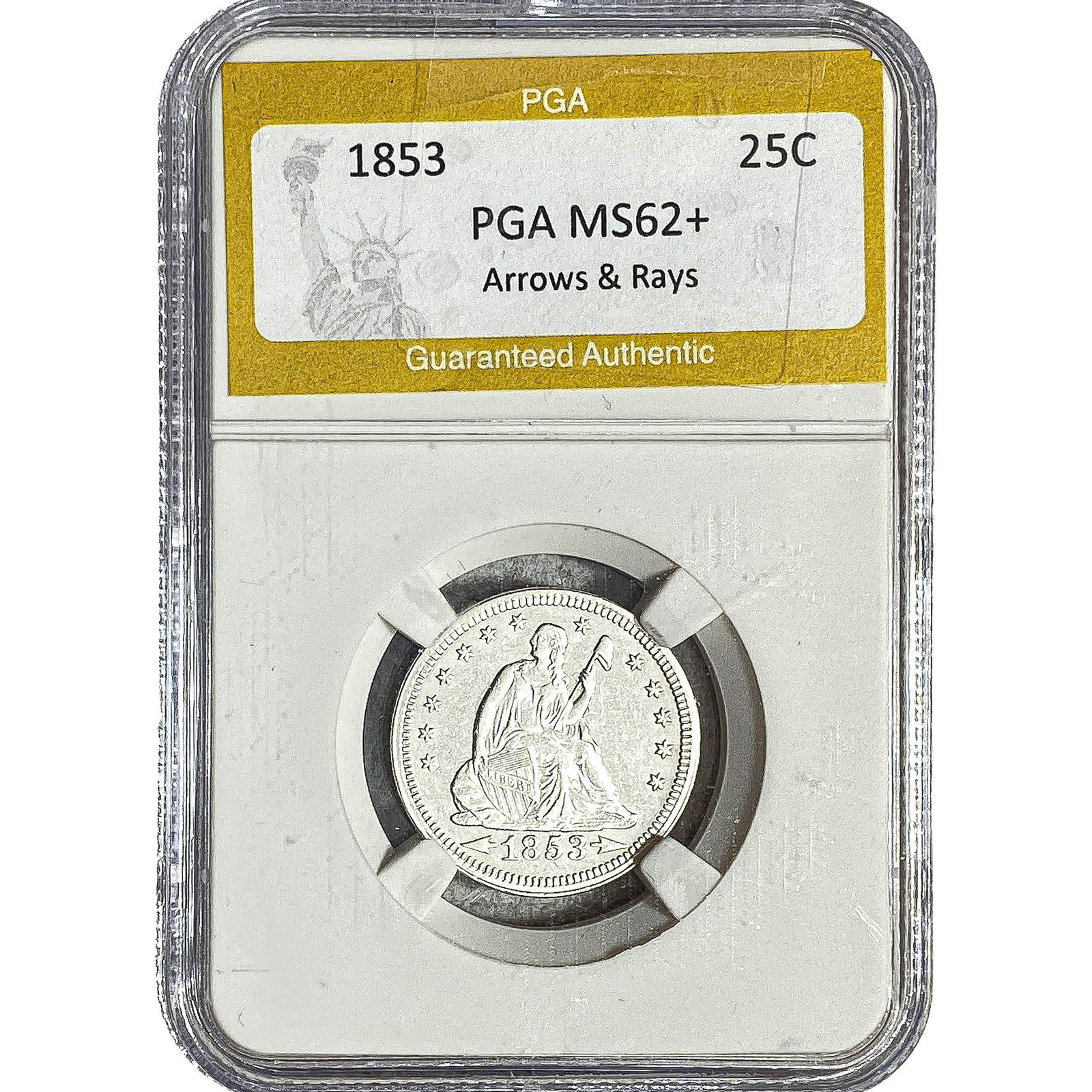 1853 Seated Liberty Quarter PGA MS62+ Arrows & Rays: 1853 Seated Liberty Quarter PGA MS62+ Arrows & Rays