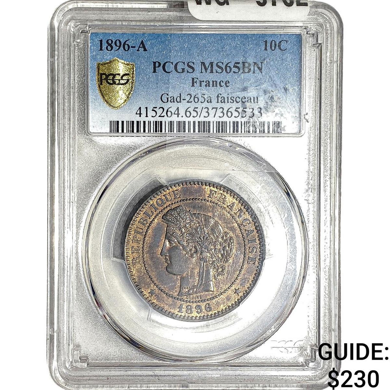 1896-A France Copper 10 Centimes PCGS MS65 BN (1 of 2)
