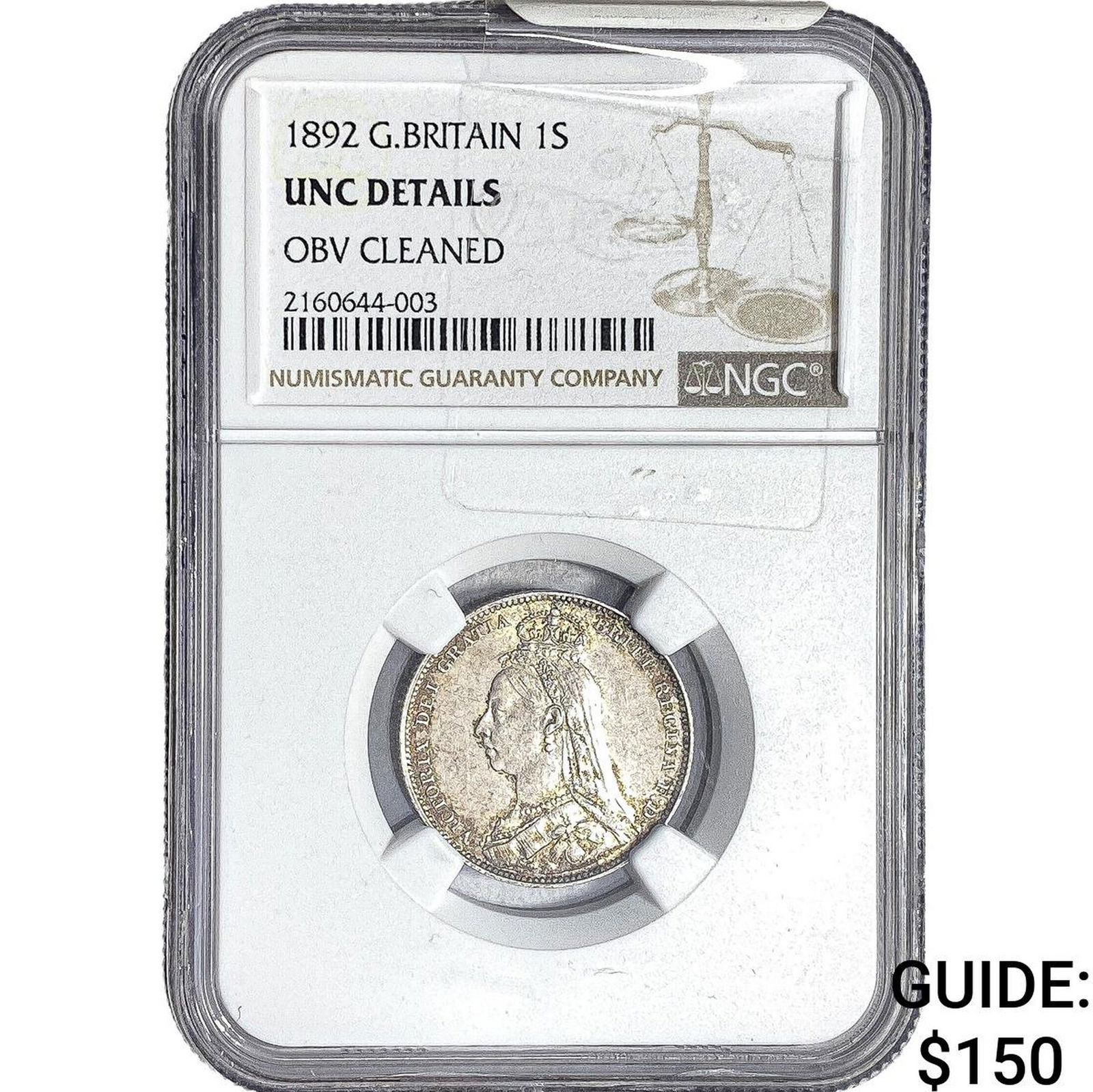 1892 Great Britian Silver 1 Shilling NGC UncDetails Obv. Cleaned: 1892 Great Britian Silver 1 Shilling NGC UncDetails Obv. Cleaned