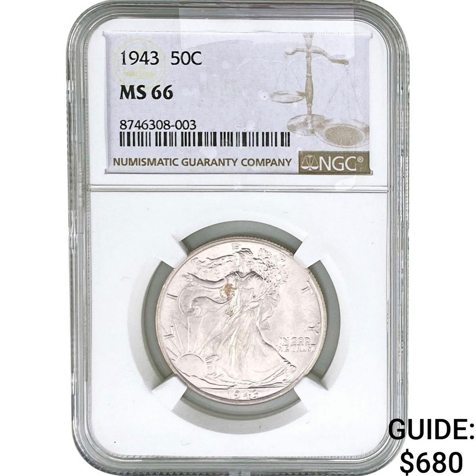 1943 Walking Liberty Half Dollar NGC MS66: 1943 Walking Liberty Half Dollar NGC MS66